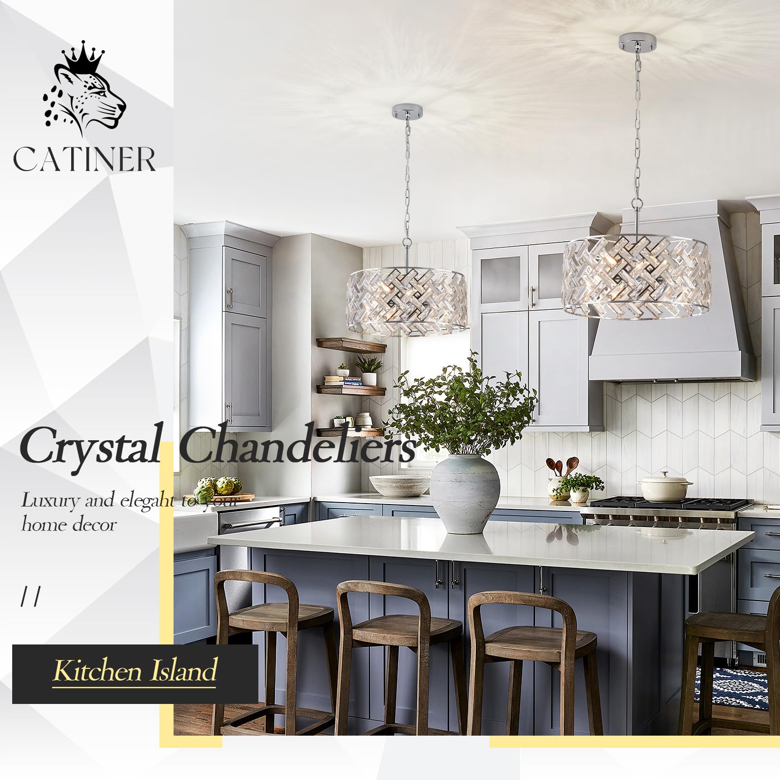 CATINER Chrome Crystal Chandelier, 6-Light Modern Semi Flush Mount, D18” K9 Crystal for Dining Room, Entryway, Kitchen, Hallway