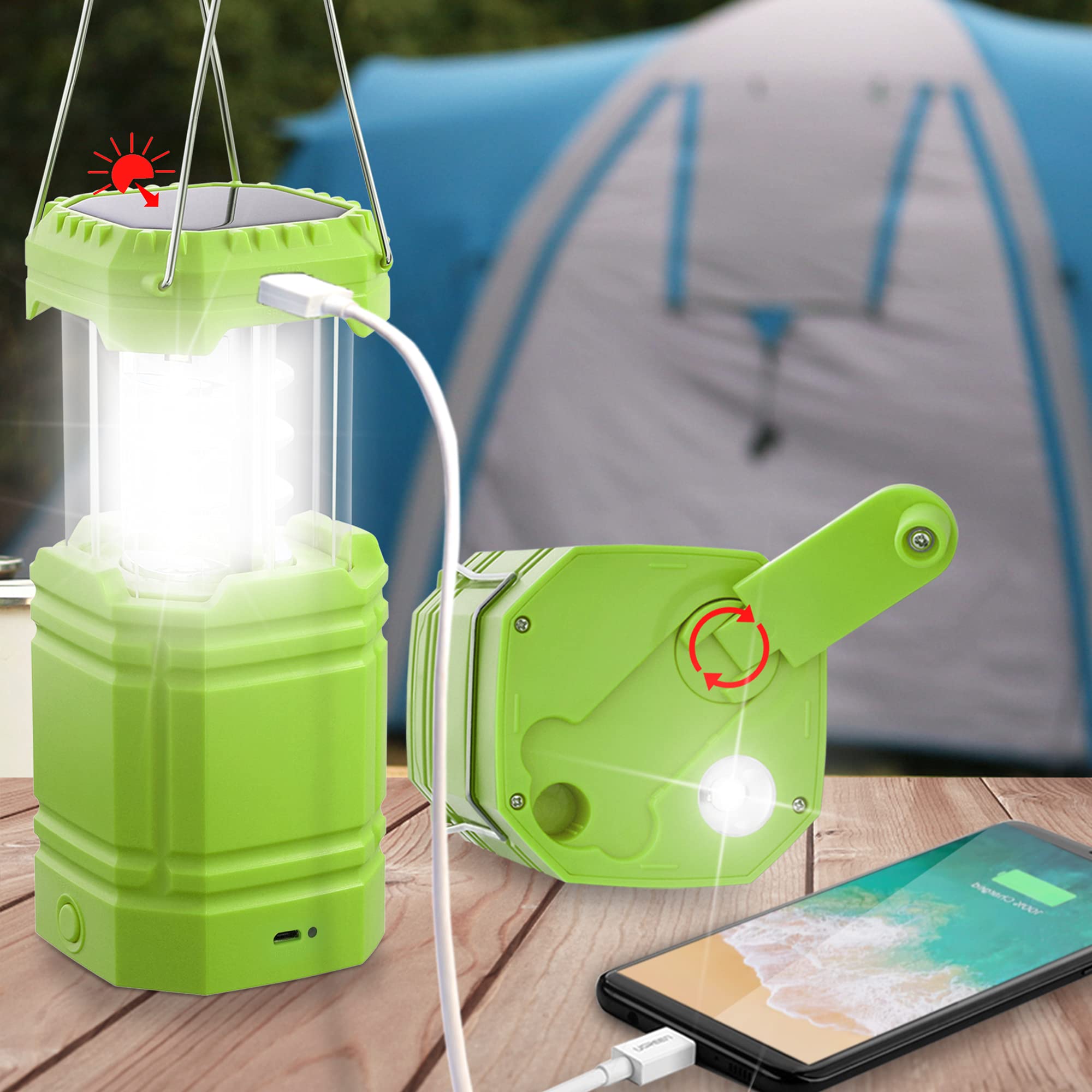 Electric Led Camping Lantern For Emergency, 3000 Large Capacity Solar Hand Crank Flashlight With 8H Play Time, Collapsible Survi
