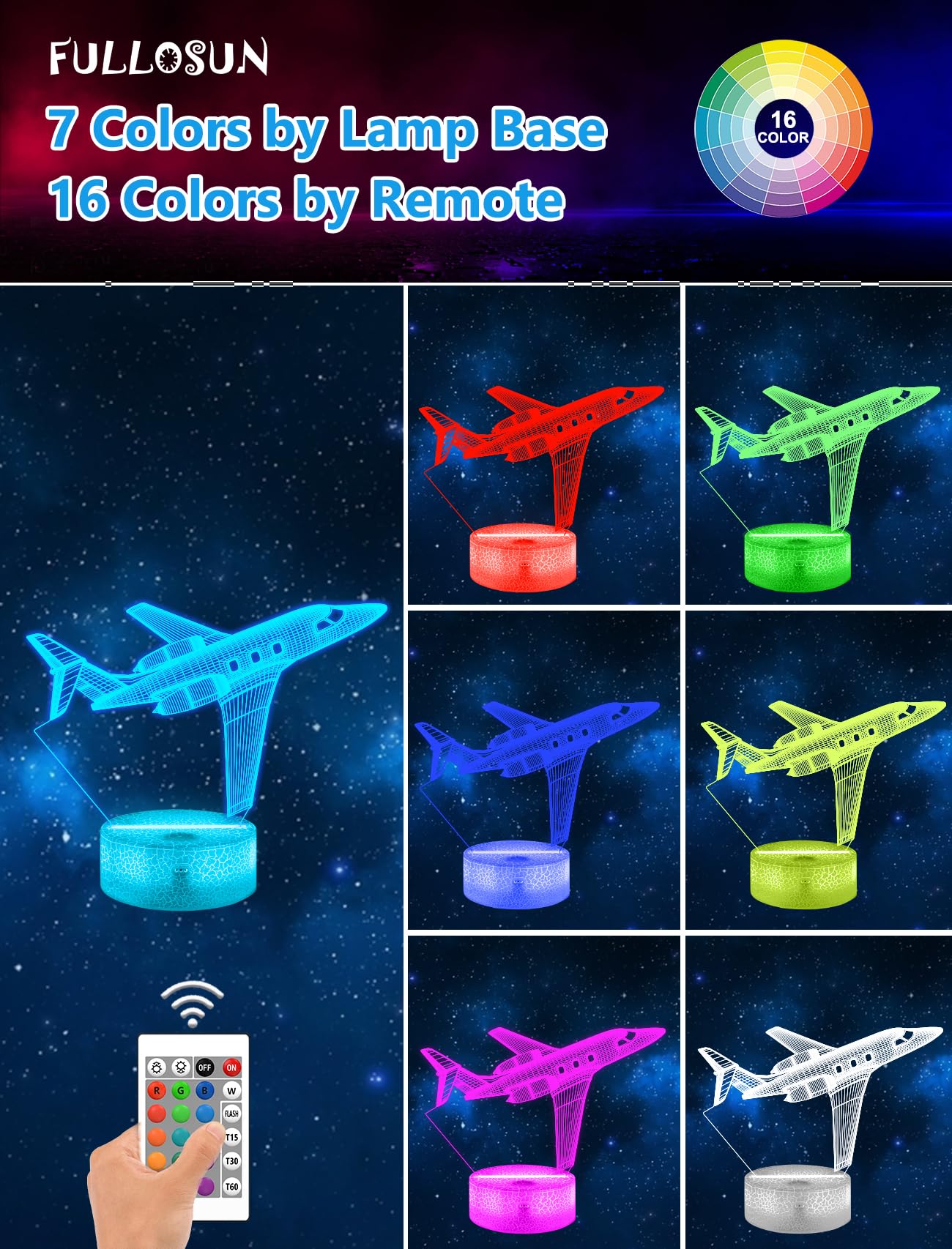 Fullosun Air  Gift    Night Light  Pilot Lamp With Remote Control 16 Colors Changeable Kids Room Lighting Creative Boys Aircraft Pilot Gift Holiday Xmas Decoration