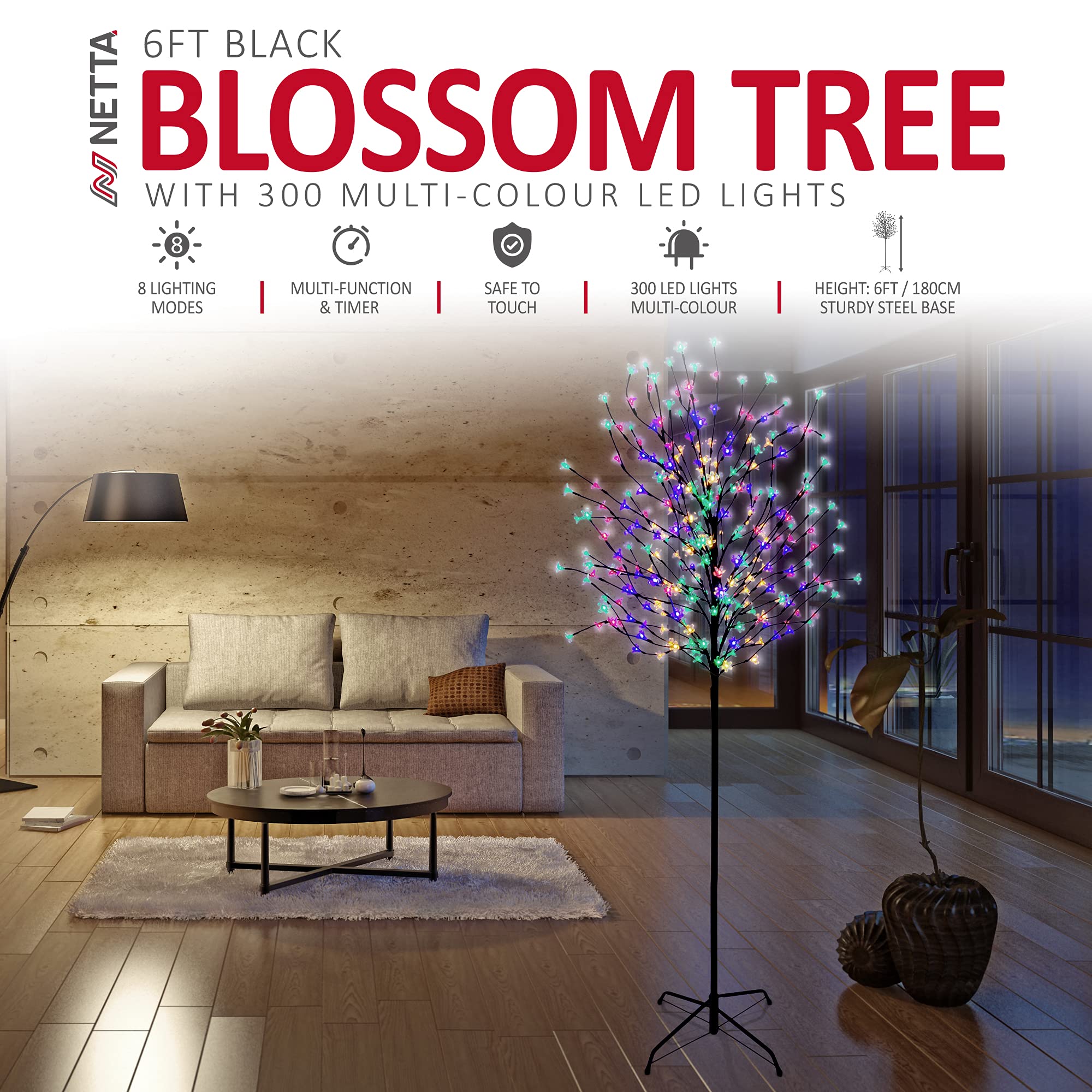 Netta 6Ft Led Cherry Blossom Tree Multicolour, 300 Lights, Timer And 8 Functions- Indoor Or Outdoor Use