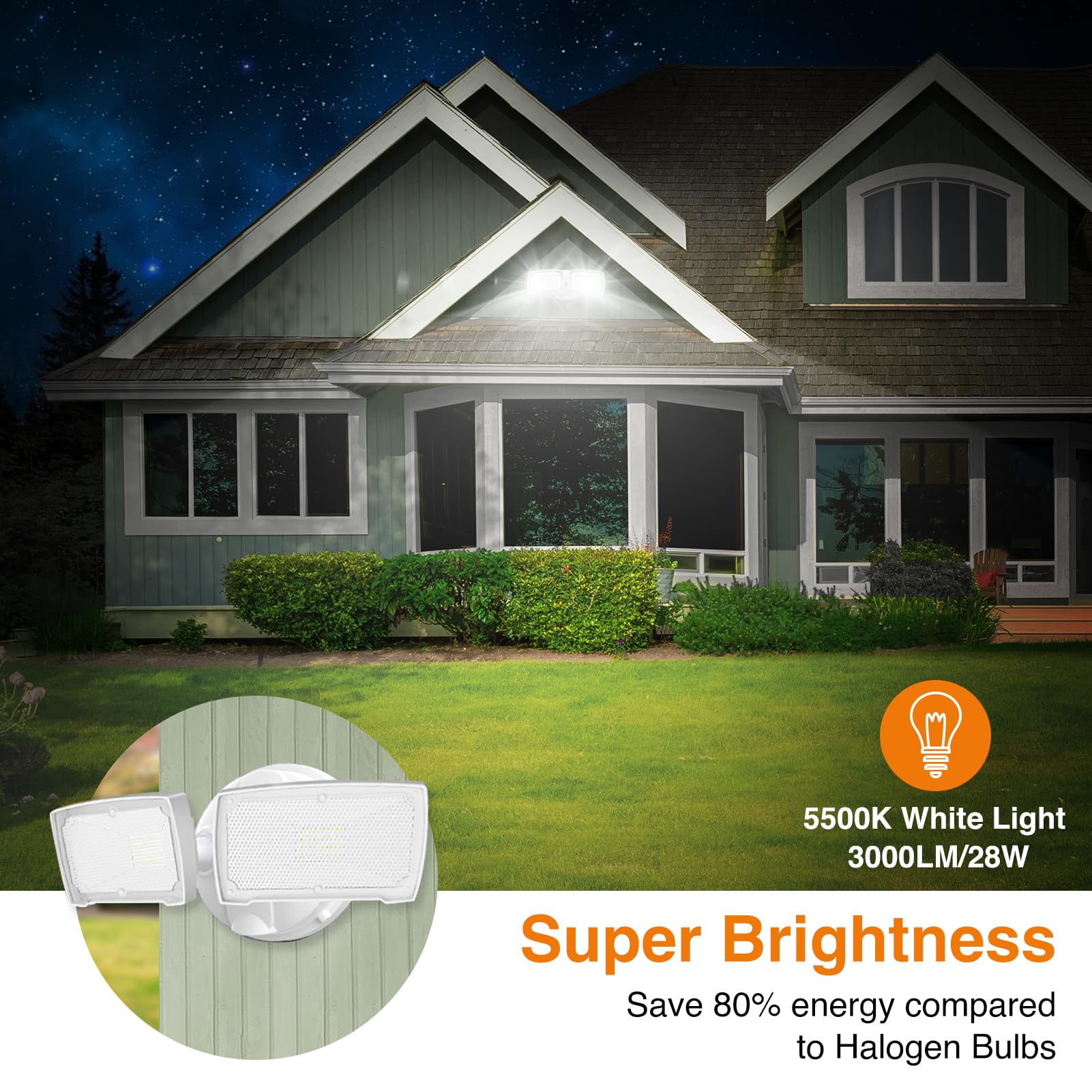 LEPOWER 3000LM LED Flood Light, 28W Outdoor Security Light, IP65 Waterproof, 2 Adjustable Heads, White, Model YY01D-WH
