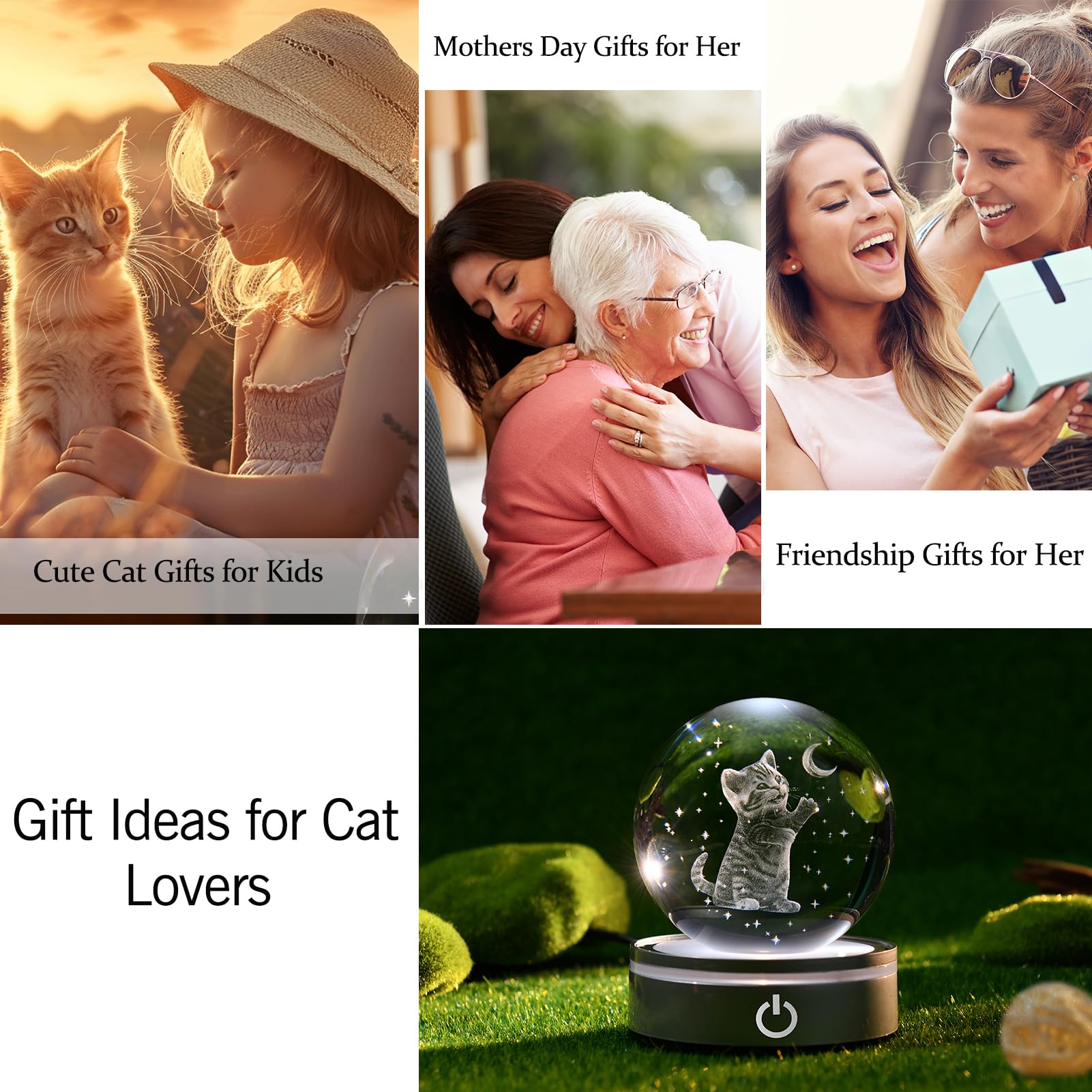 Ifolaina Cat Themed Gifts For Women 3D Crystal Ball Night Light 3.15In Globe Figurine Lamp Cat Lovers Presents For Birthday Mothers Day
