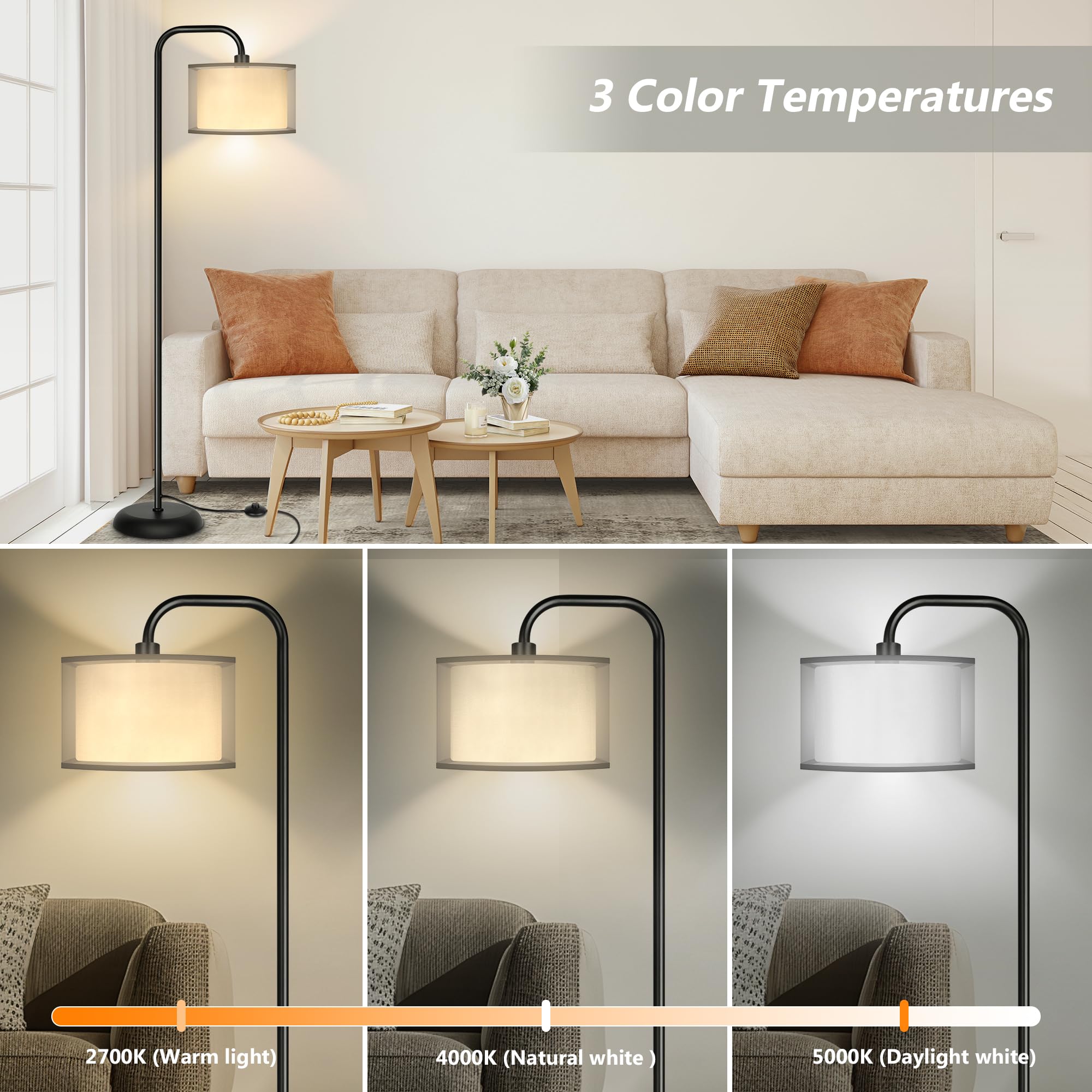 Partphoner Led Floor Lamp For Living Room, Modern Standing Lamp With Foot Switch Grey Organza Fabric Shade Tall Pole Reading Lam