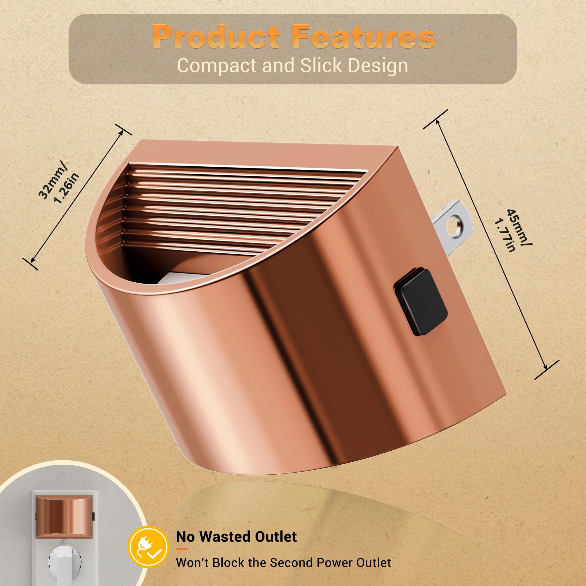 JandCase LED Night Lights, 2 Pack, Dusk to Dawn Sensor, 0-100LM Brightness Adjustable, Rose Gold, Model C-GY10702RGUS-2