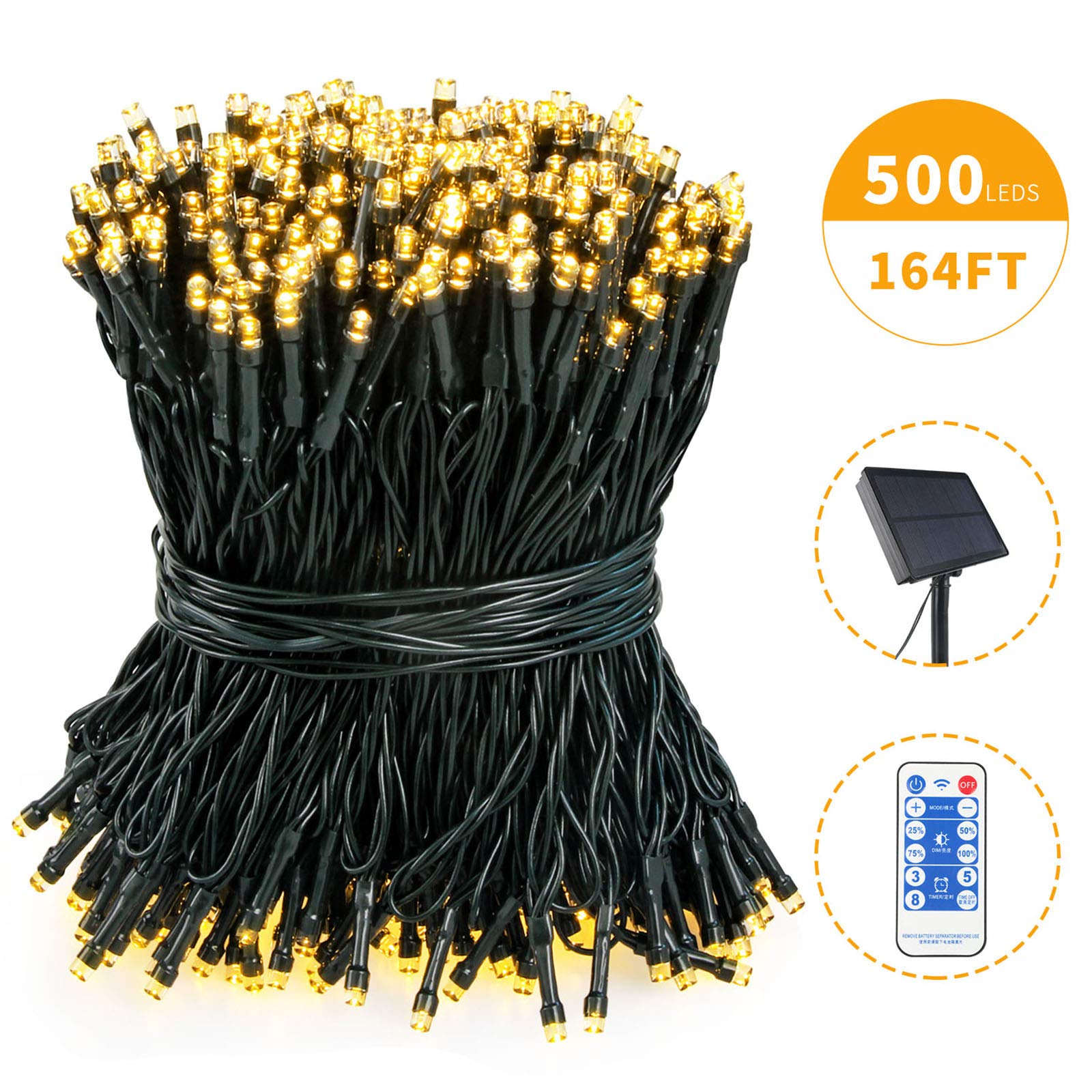 Tcamp 164Ft 500 LED Solar Christmas Lights, Warm White, Waterproof, Remote Timer, 8 Modes, Model QL300AE