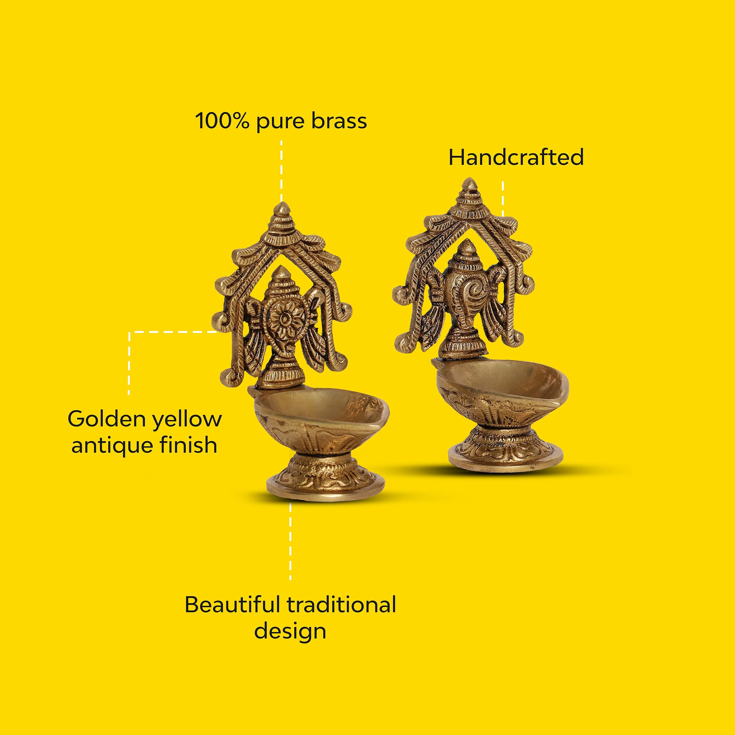 10Club Pure Brass Shankh Chakra Antique Arch Design Diya (2 pcs) | 4.8L X 6W X 10H cm, 400 gm | Brass Yellow Antique Finish | Pu