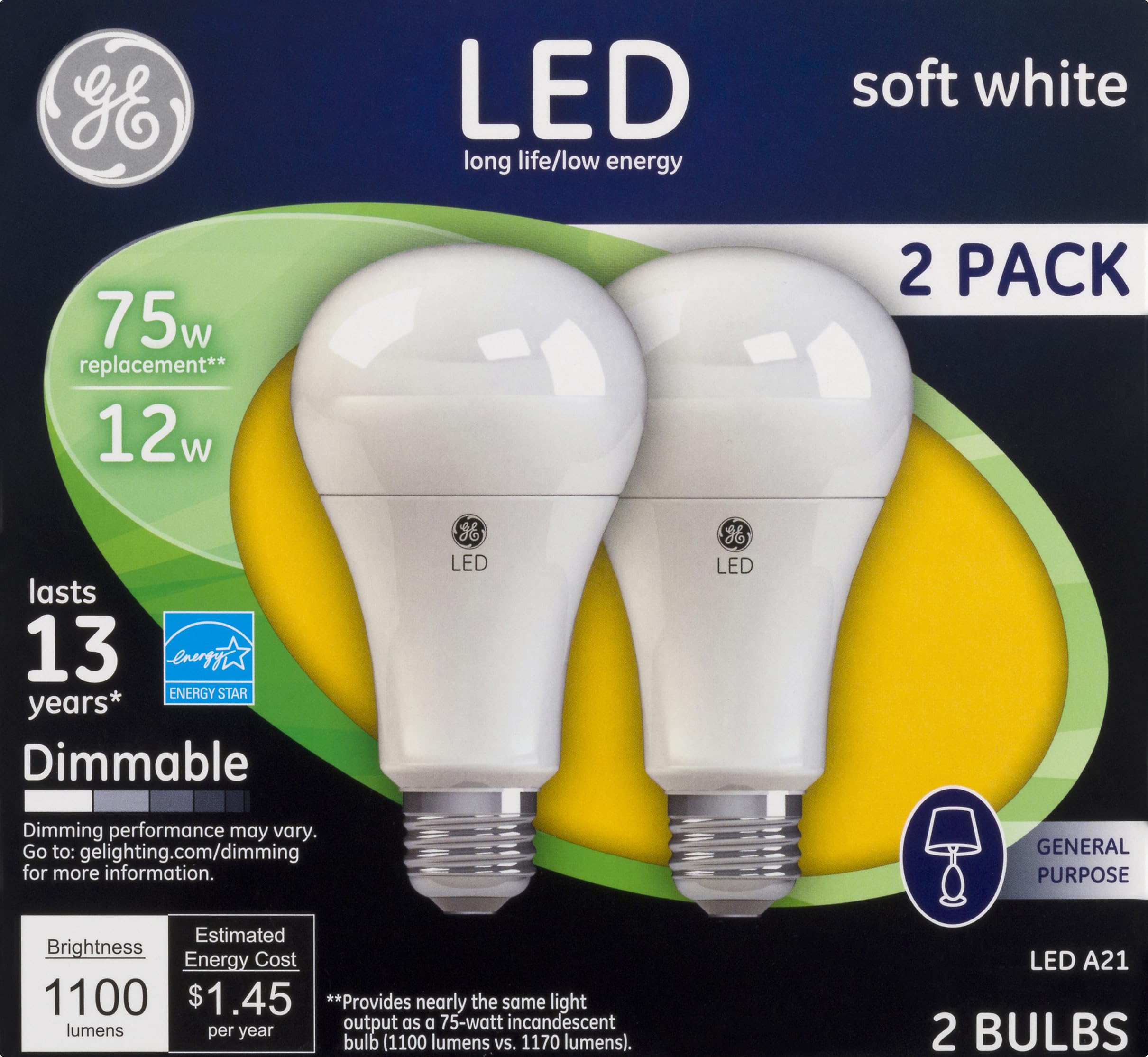 Ge Lighting 65943 12 Watt E26 A21 Soft White Led Dimmable Light Bulb 2 Pack