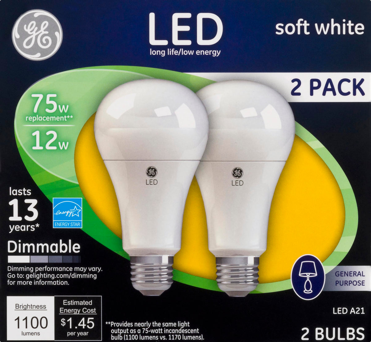 Ge 12W E26 A21 Soft White Led Dimmable Light Bulb - 2 Pack, Energy Efficient Copper Material