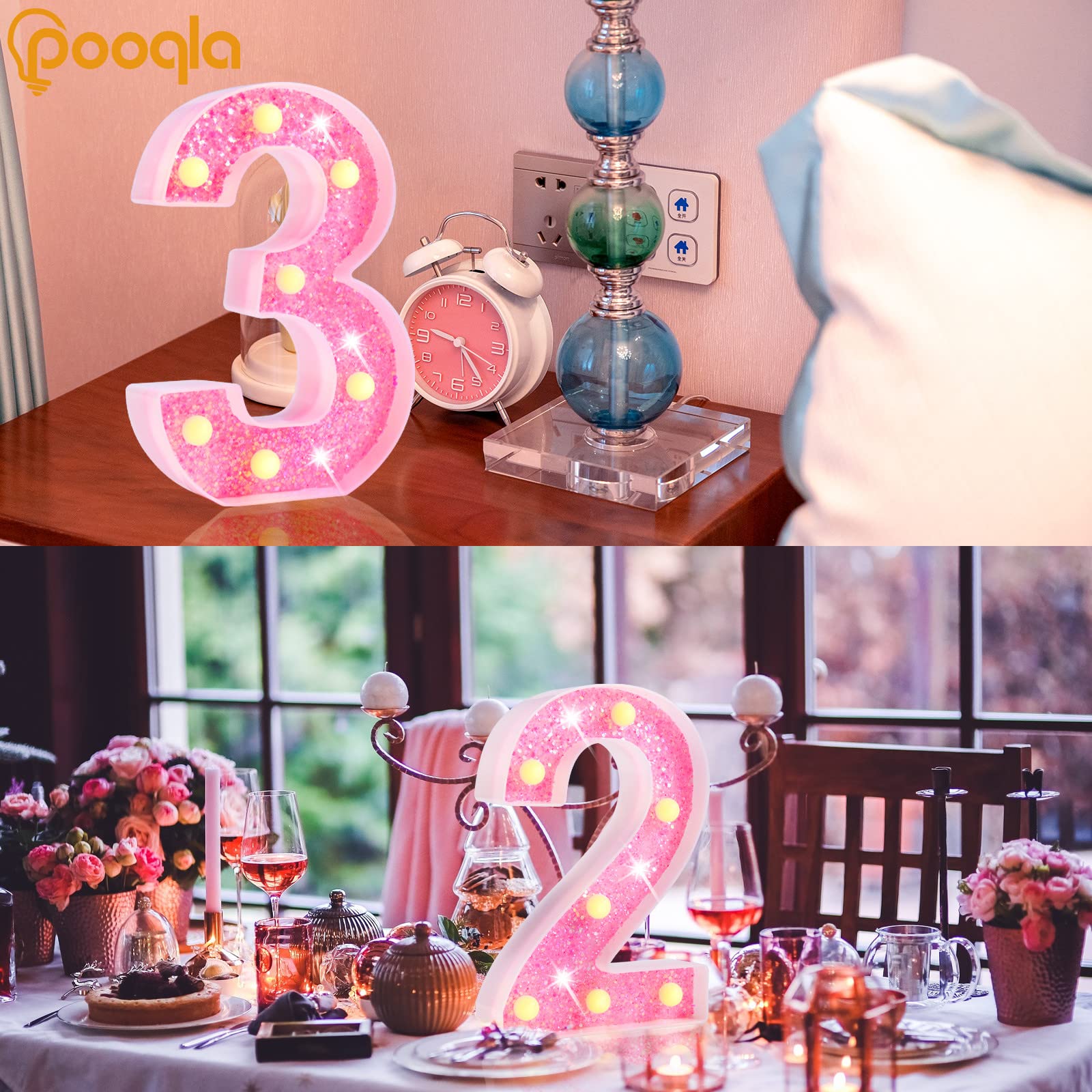 Pooqla Marquee Numbers Lights, Light Up Numbers Battery Powered, Glitter Lighted Numbers For Birthday Party, Shiny Led Numbers For Christmas Wedding Home Bar Decoration, Pink Number 7