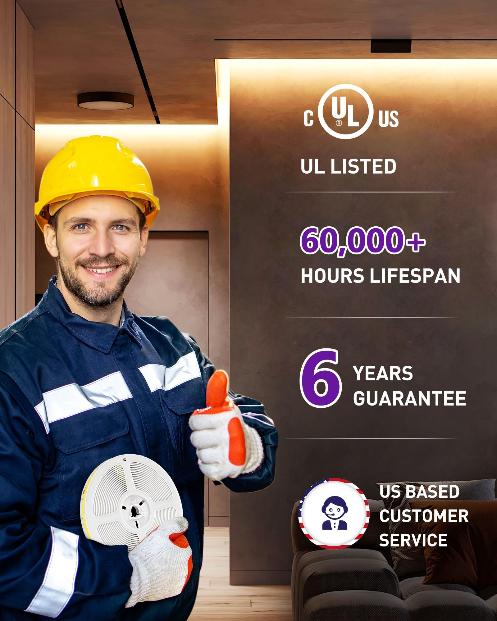 Hitlights Cob Led Strip Lights Warm White 2700K, 16.4Ft Premium High Density 24V Tape Light, 2560 Leds, 350+ Lm/Ft, Cri 90+, Ip3