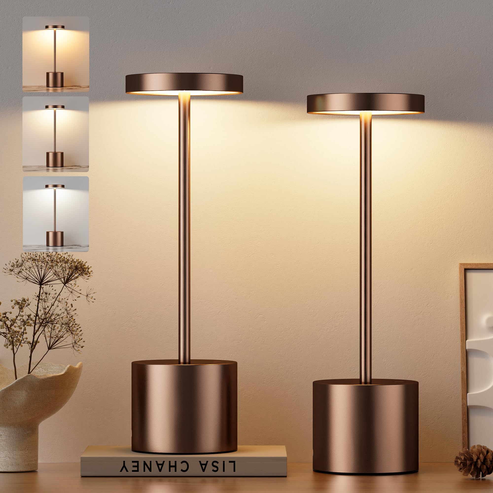 Kakanuo Brown Cordless Lamp, Rechargeable Lamp, Touch Control, 3 Color Temperature, LED Outdoor Wireless Lamp, Battery Operated 