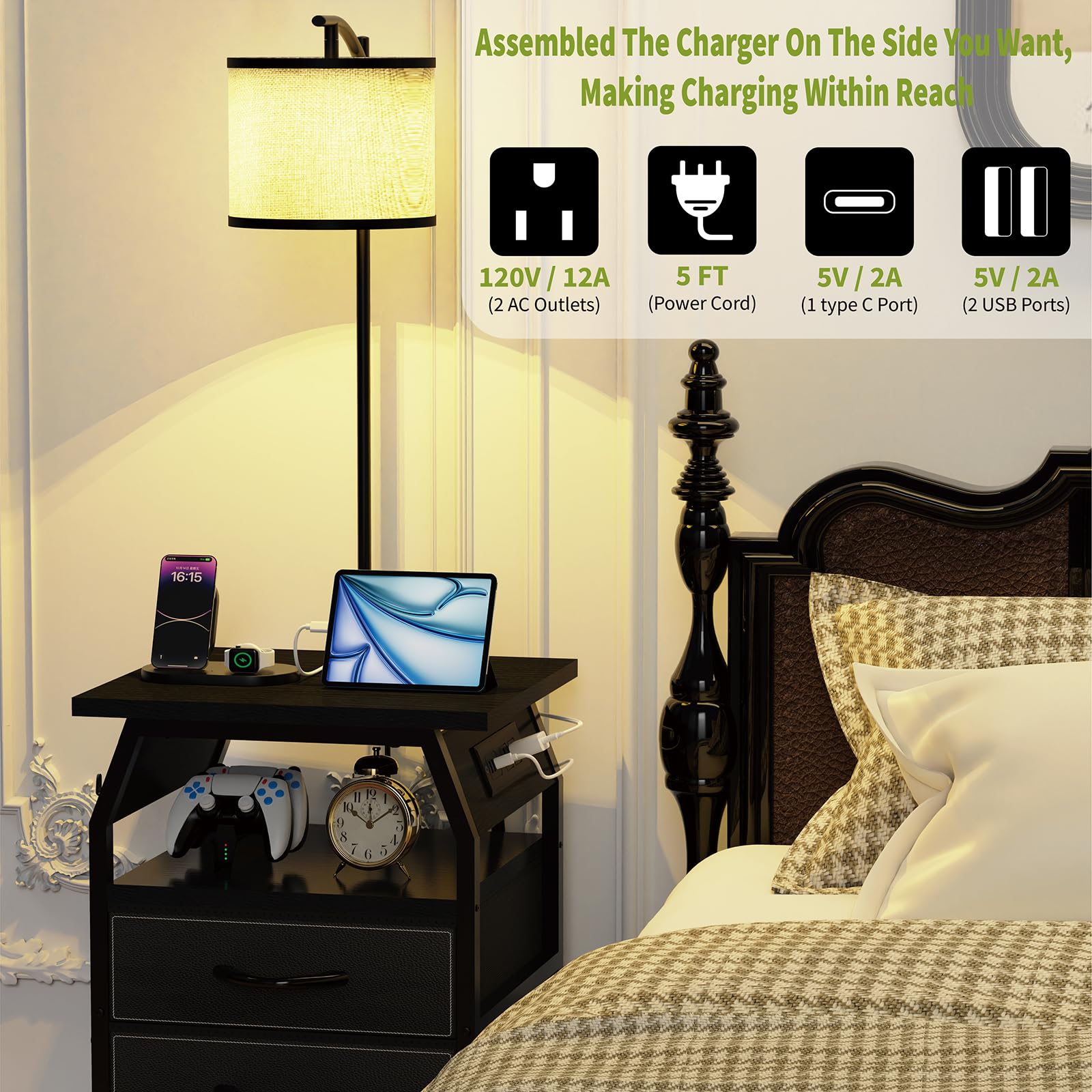 runjuly Floor Lamp & End Table Set of 2, 3-Color Temp Bulb, Black, Model AH0054, with 3 Drawers & Charging for Bedroom, Dorm