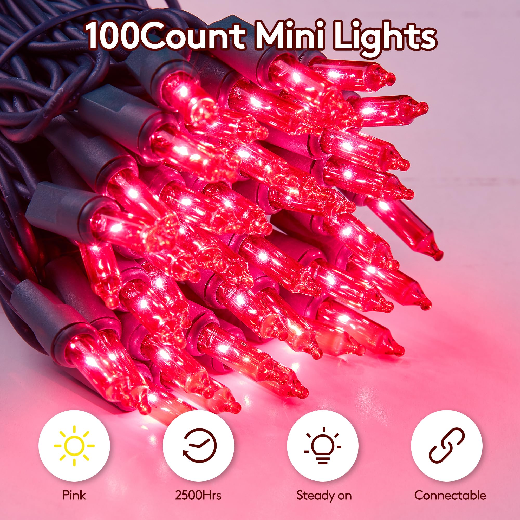 Christmas Lights Indoor Outdoor 100 Count Incandescent Lights Ul Certified Connectable Christmas Tree Lights With Green Wires For Xmas, Wedding, Holiday, Party, Home, Valentines Day Decoration(Pink)