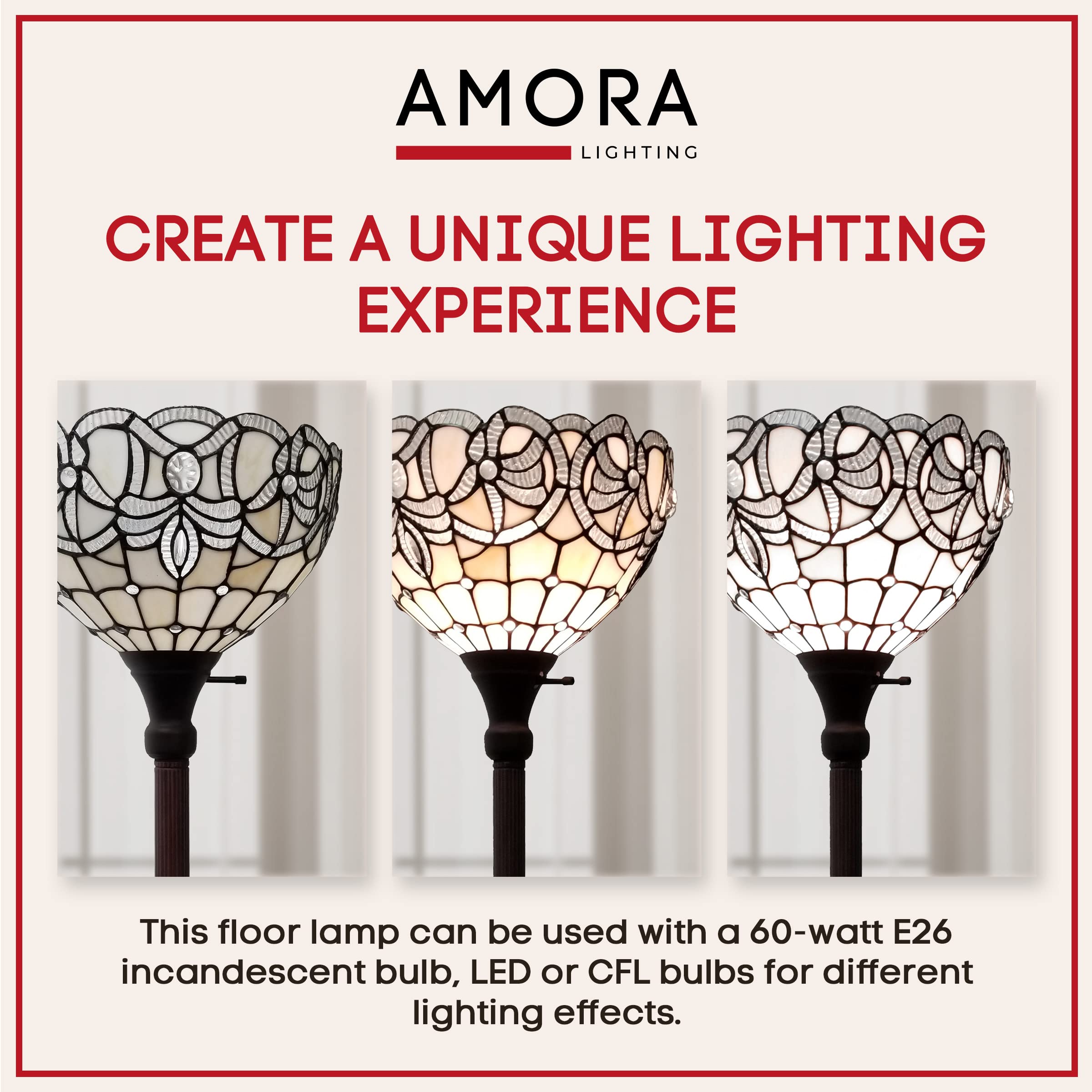 Amora Tiffany Floor Lamp Torchiere - Vintage Standing Light Floor Lamp - 72  Peacock Floor Stained Glass Lamp - Tiffany Floor Lamps For Living Room