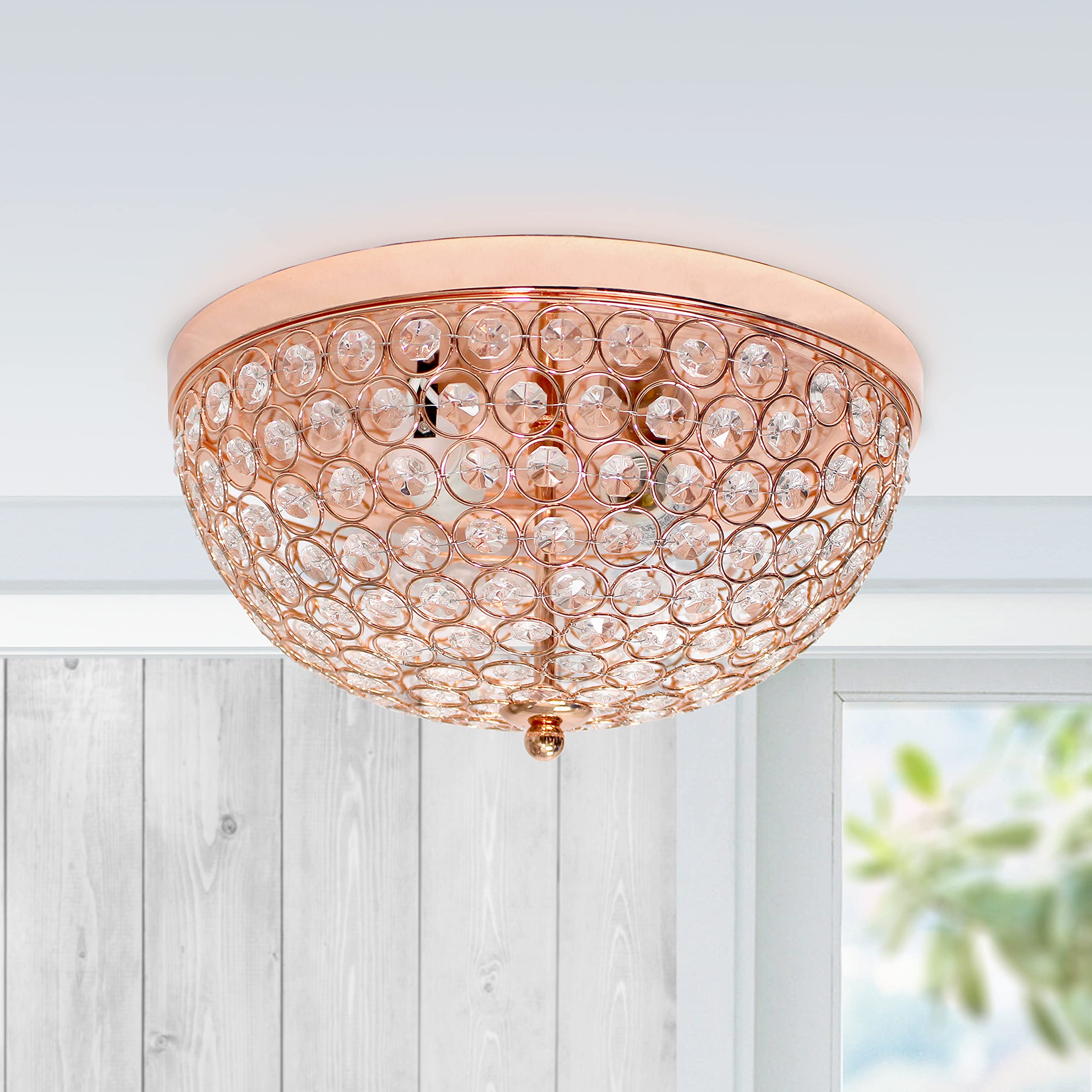Elegant Designs Fm1000-Rgd Elipse Crystal 13 Inch Modern Metal 2 Light Bowl Shaped Ceiling Flush Mount Fixture, Rose Gold