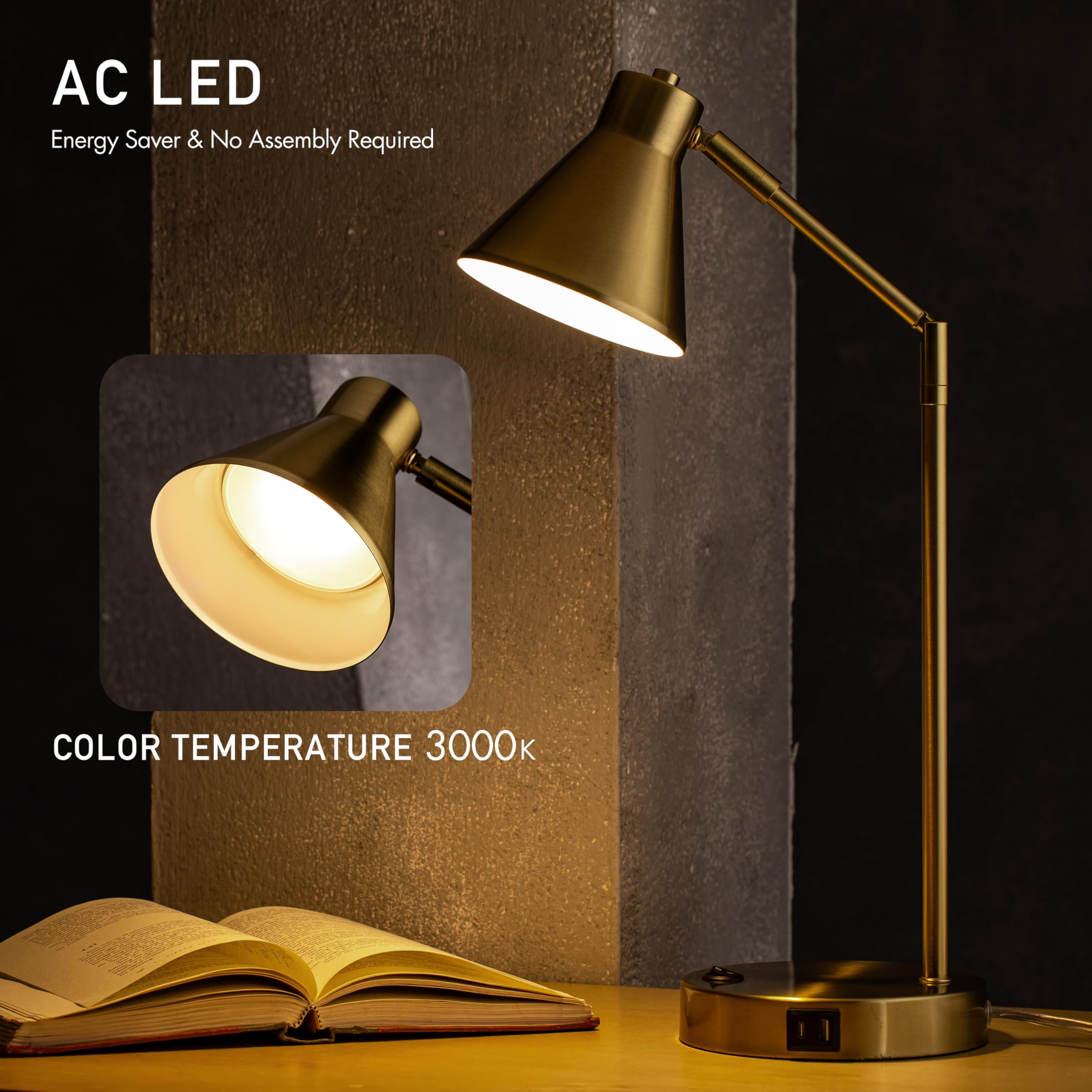 O?Right Astrum - Led Desk Lamp With Dual Usb Charging Ports, 100% Metal Lamp, 270? Swivel Arms, Soft White Light (3000K), Bedsid