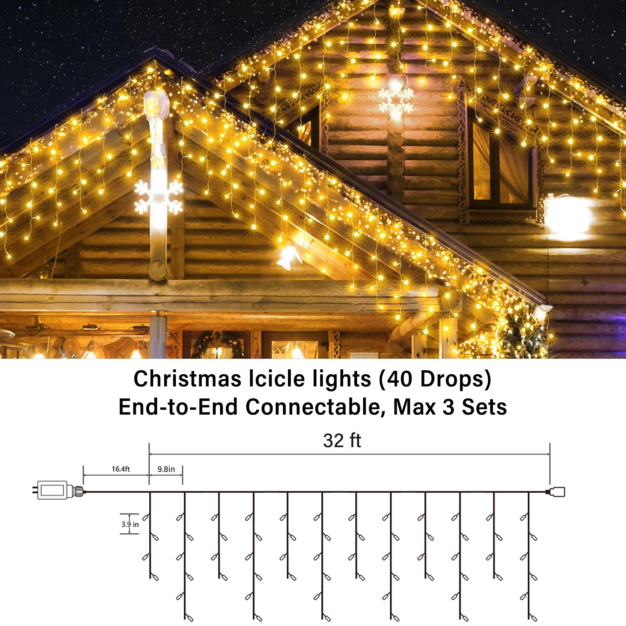 Joomer Christmas Icicle Lights, 32Ft 8 Modes Waterproof Christmas Icicle String Lights Outdoor Connectable With Timer For Party,