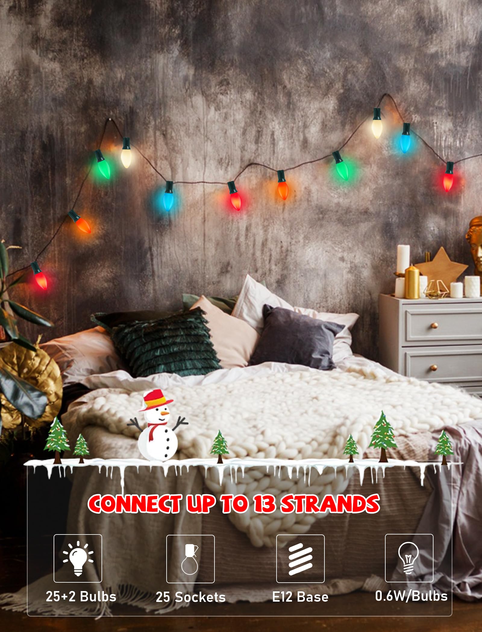 Romasaty C7 Led Multicolor Christmas Lights  25Ft C7 Vintage Christmas Lights With 27 Led Multicolor Glass Bulbs  Outdoor String Lights For Xmas Tree Home Yard Patio Decor  Green Wire