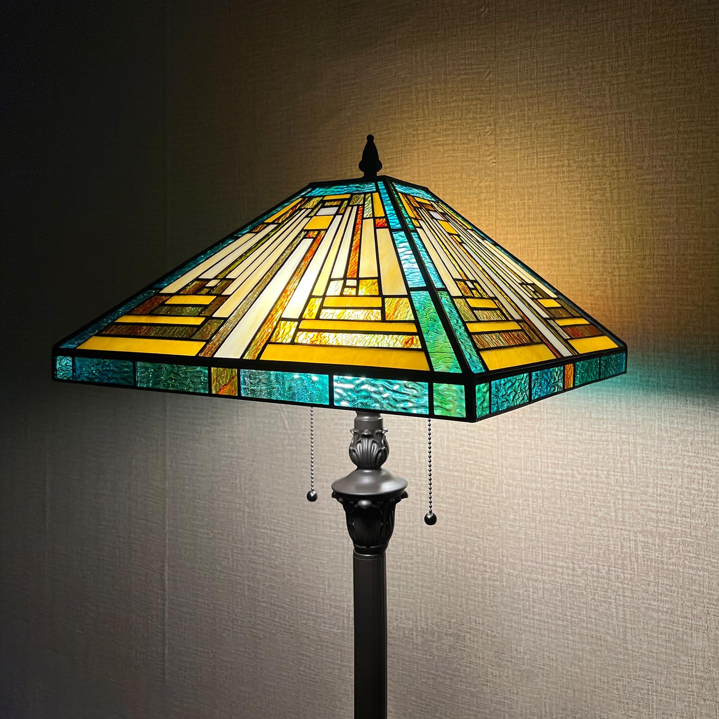Capulina Tiffany Floor Lamp 2-Light, 63" Antique Style Stained Glass, Amber Green, Model CL164474FL, Ideal for Living Room & Bedroom