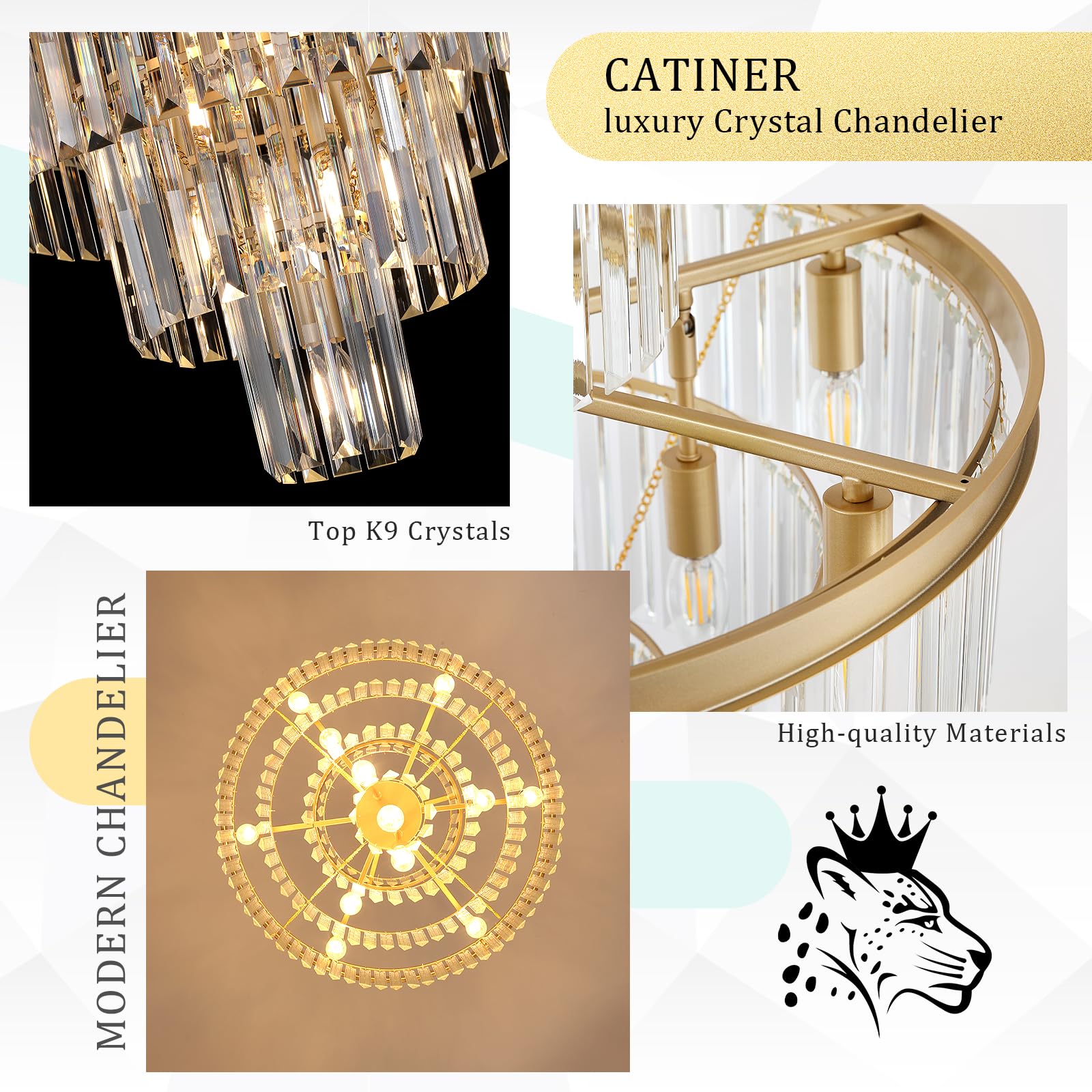 Catiner Modern Gold Crystal Chandelier 15 Lights 24'' Round Light Fixture Luxury 5-Tier K9 Crystals Chandelier Contemporary Pend