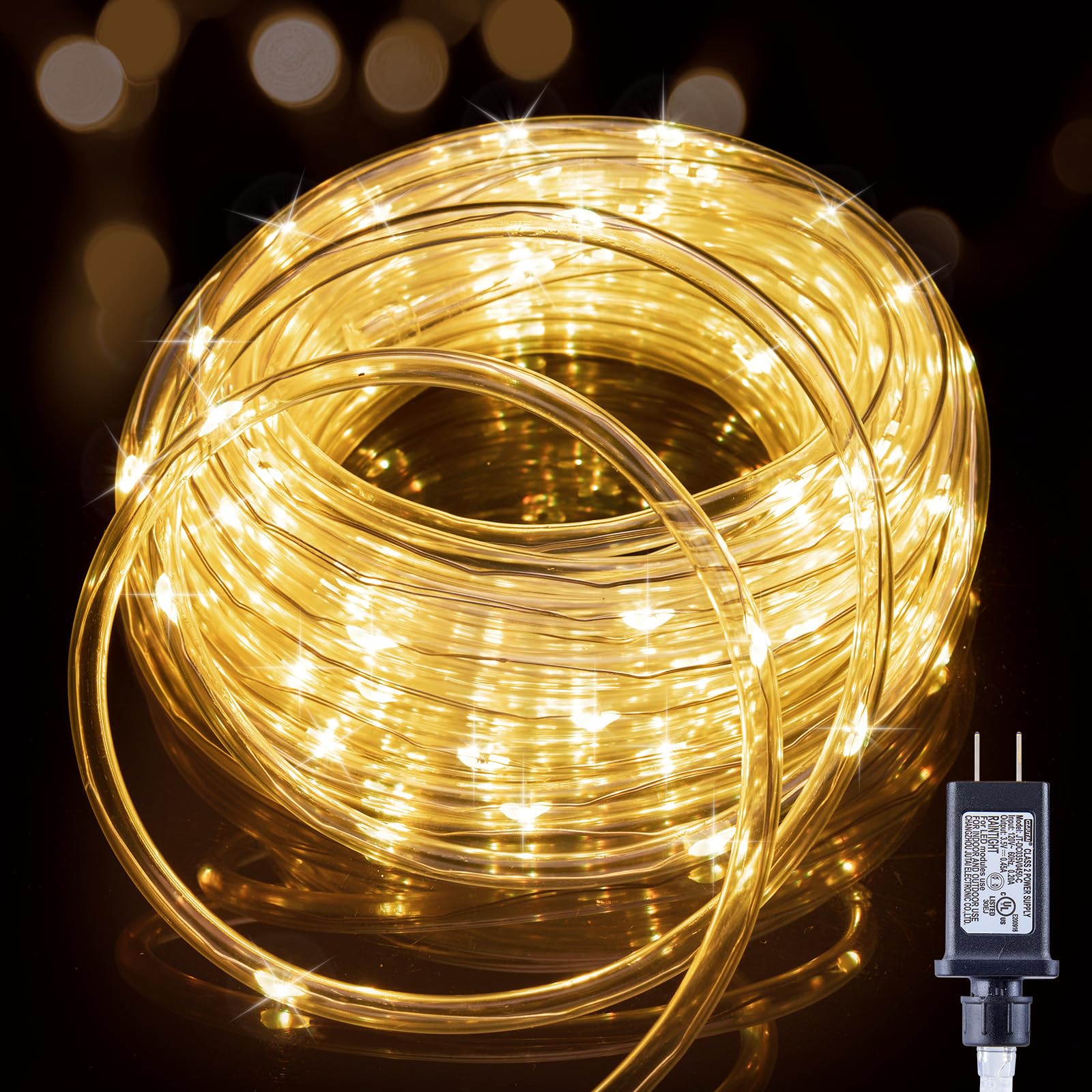 Minetom 33FT LED Rope Lights Outdoor, Warm White, Waterproof, Model A_C_S_100_WP, Twinkle Christmas String Lights for Indoor/Outdoor Use