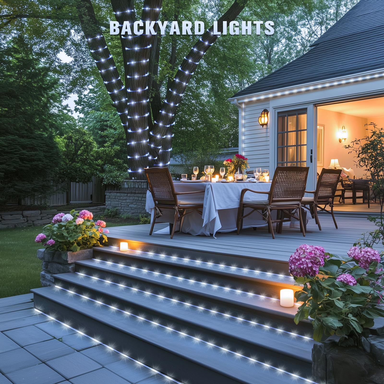 JMEXSUSS Solar Rope Lights, 200 LED, 66ft, Waterproof, 8 Modes, White