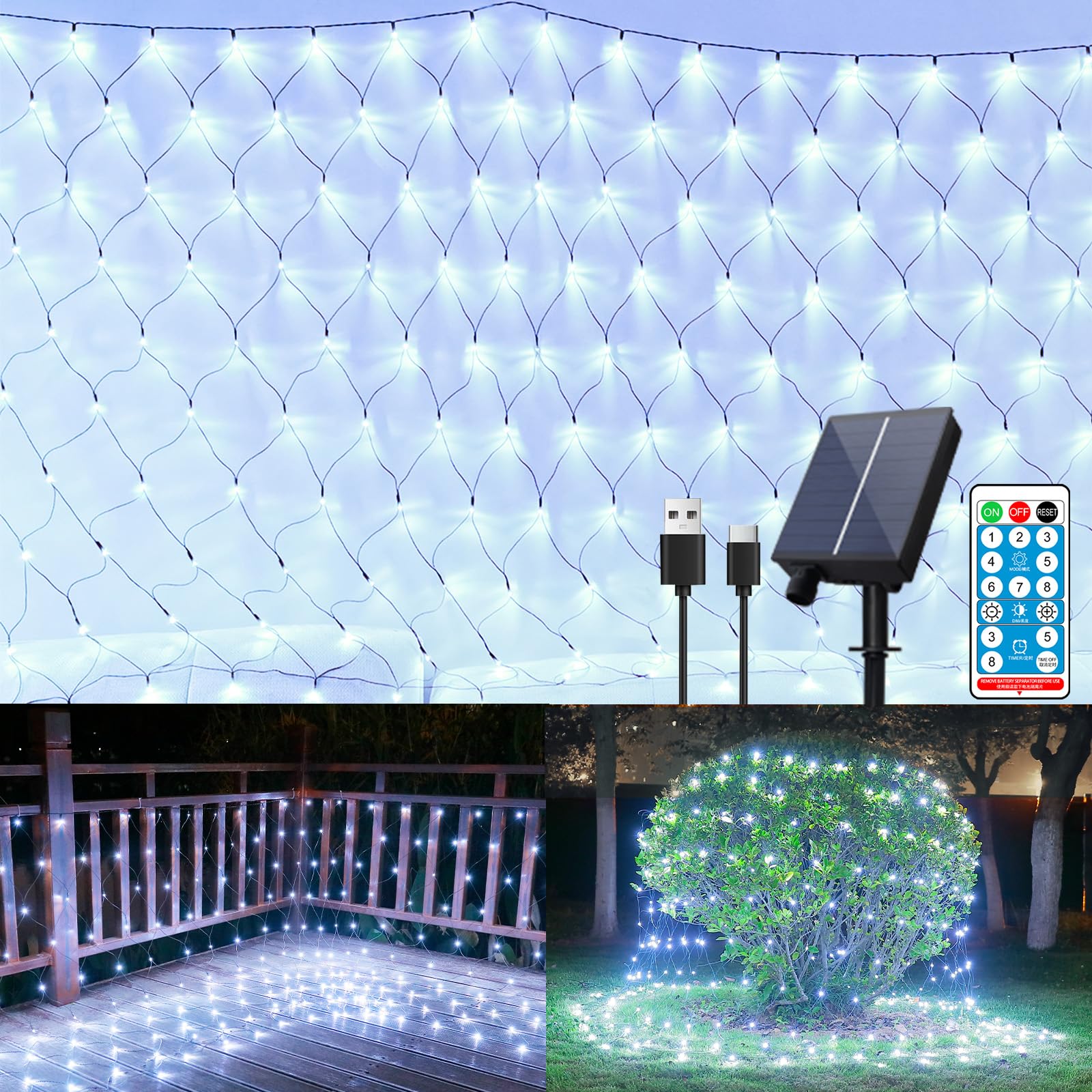 11.5ft x 5ft Solar Net Lights Outdoor, Solar & USB 2 Power Way 240 LED Waterproof Mesh Lights for Bushes, Remote Control 8 Modes