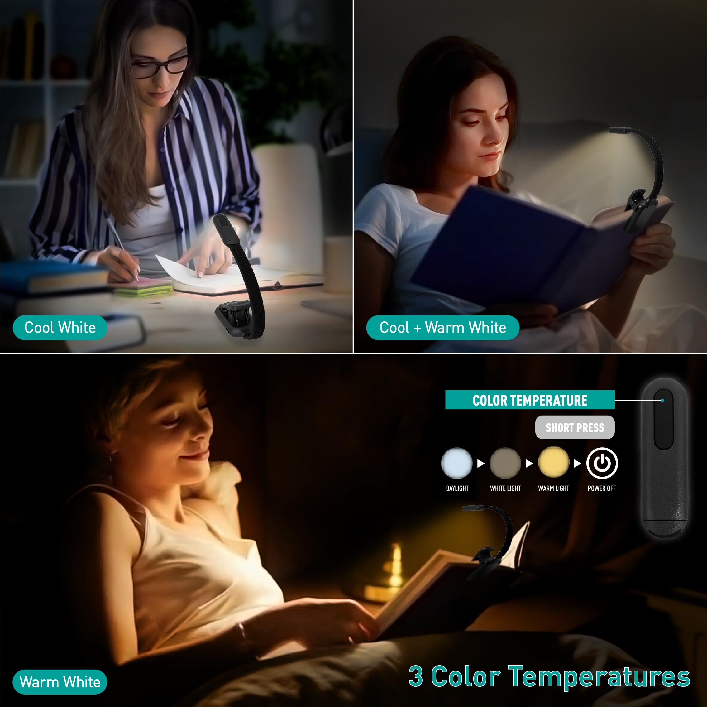 RADIXIUM Rechargeable Book Reading Light, 9 LED, 9 Color Temperatures, Stepless Dimming, Clip-On, Grey, Model AI4800BM