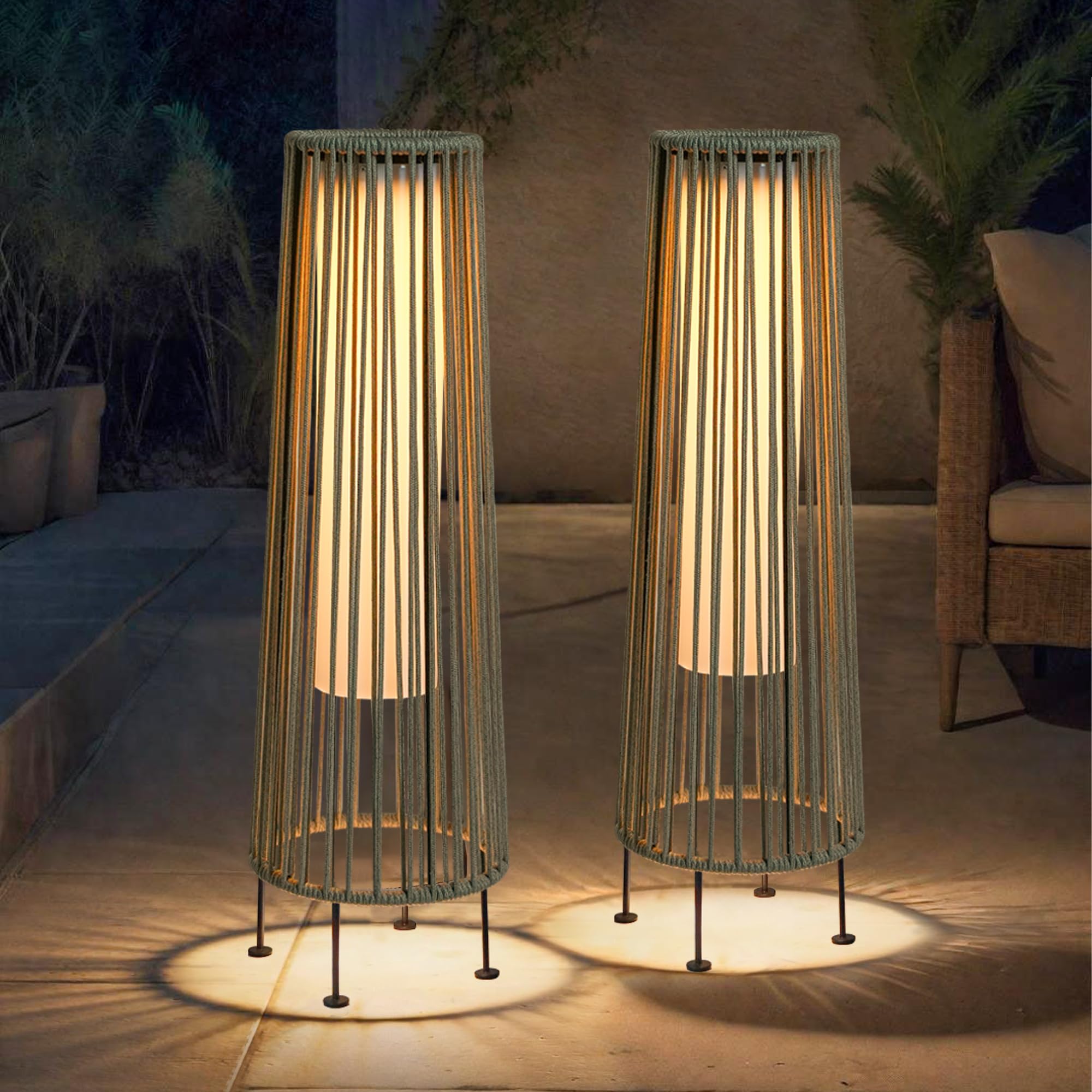 TRIROCKS Outdoor Floor Lamp 2 Piece Solar Powered Lantern Wicker Solar Patio Lamp with Olifen Rope Waterproof Rattan Outside Sol