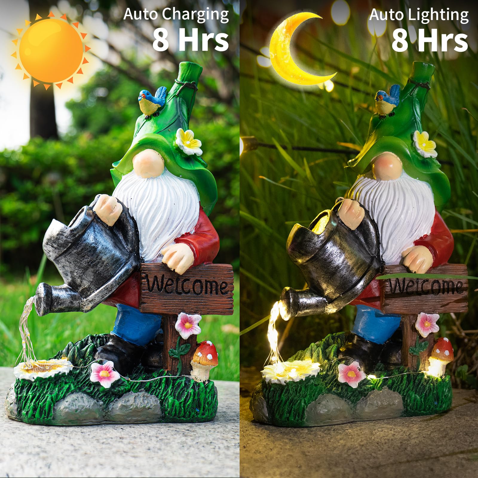 Mopha Garden Gnomes With Watering Can Solar Lights - Resin Outdoor Decor For Patio & Yard