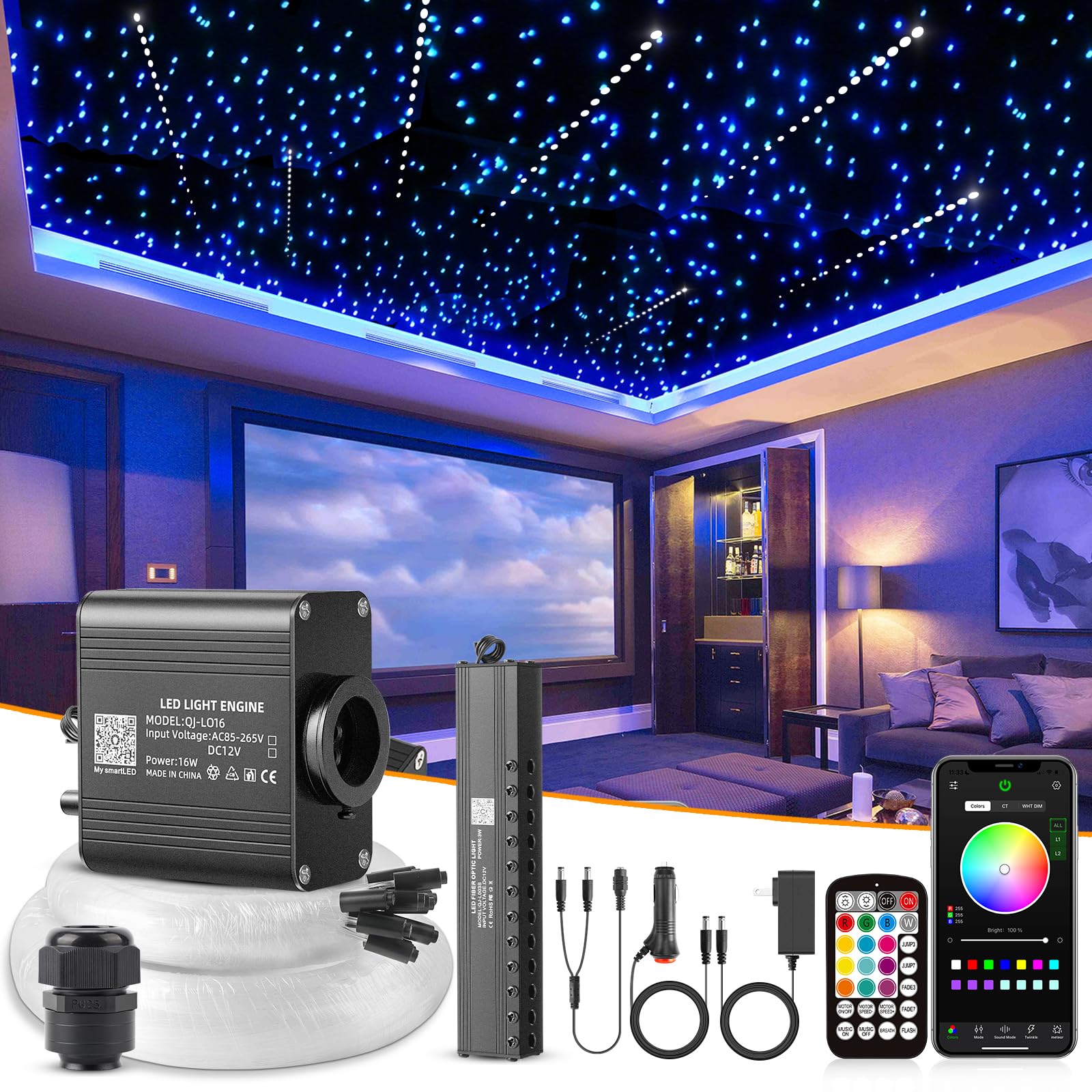 SUNKENET Meteor Twinkle LED Fiber Optic Lights, Bluetooth Control, 450pcs, 9.8ft, Pure White, Model QJ-L016