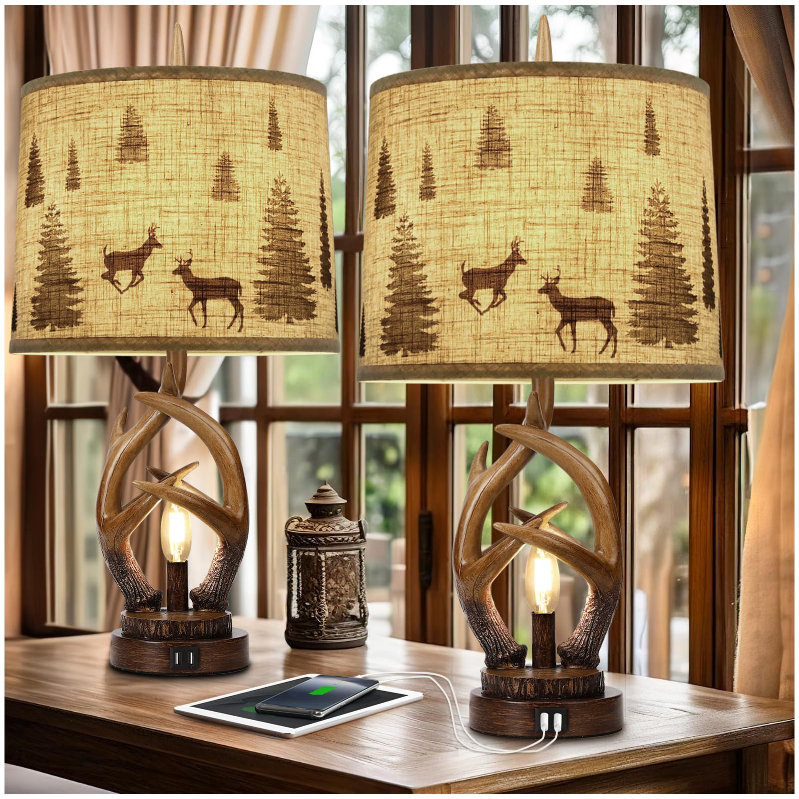 Scenekoy Rustic Farmhouse Antlers Table Lamp Set Of 2 With Nightlight Dual Usb Ports Linen Fabric Round Shade Bedside Lamp Decor For Living Room Bedroom Office House
