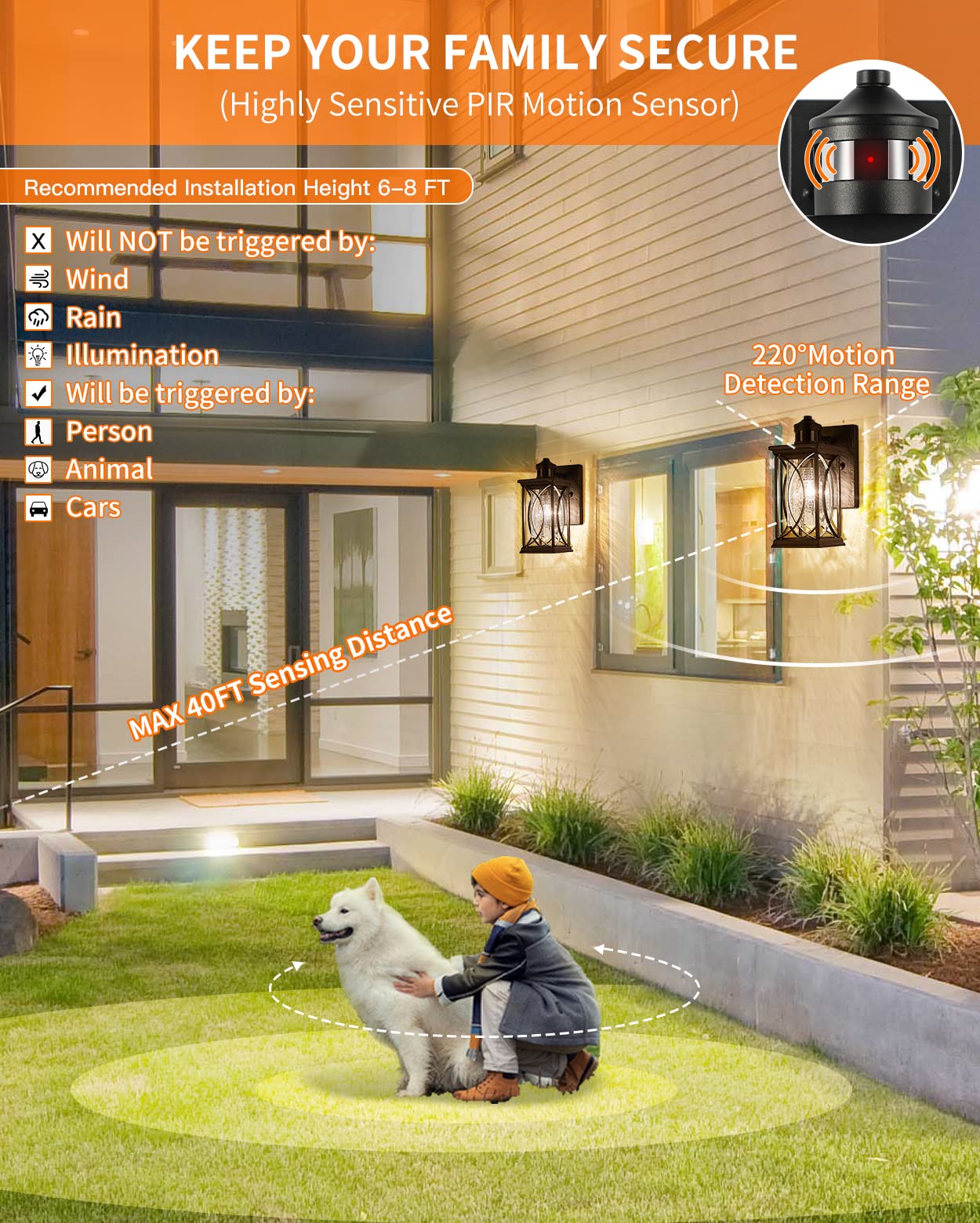 Delicavy Motion Sensor Outdoor Wall Light, Dimmable, Black,  -Like Glass, Small, Wall Mount, Dusk to Dawn Fixture