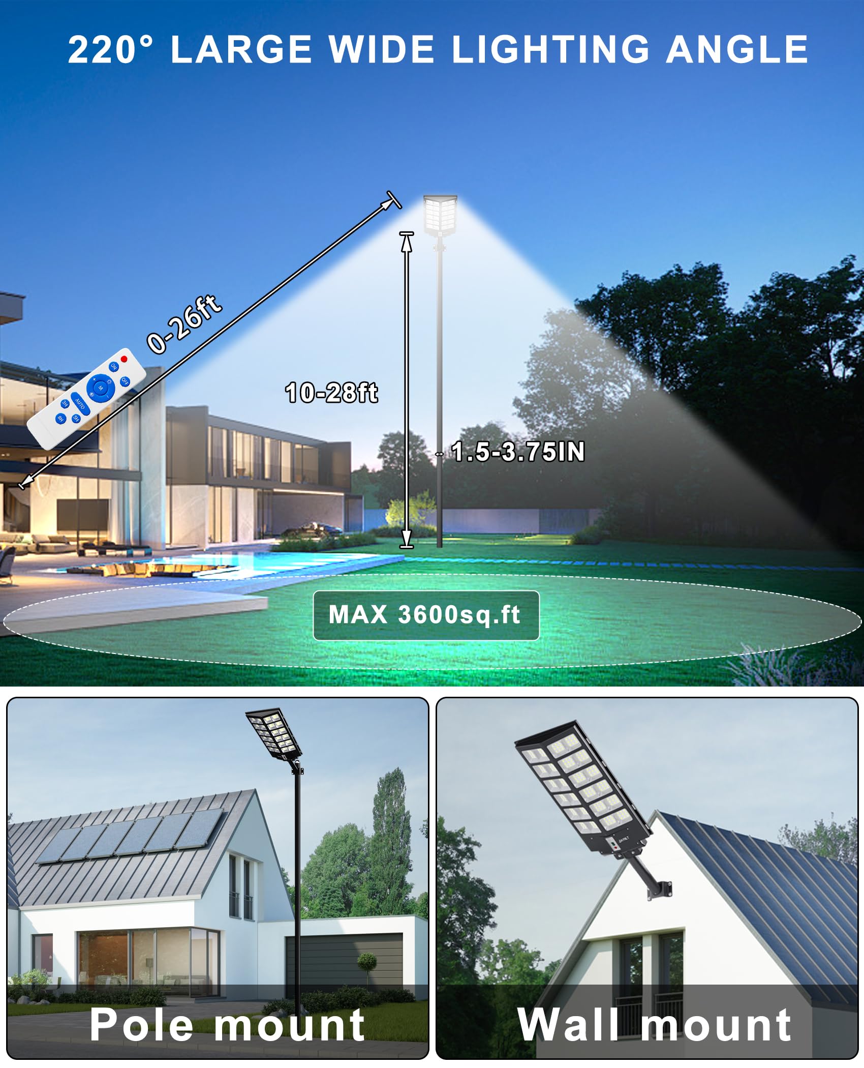 JAYNLT Y-9800W Solar Street Light, 6500K Waterproof Motion Sensor, Black, 1Pack for Outdoor, Garage, Driveway