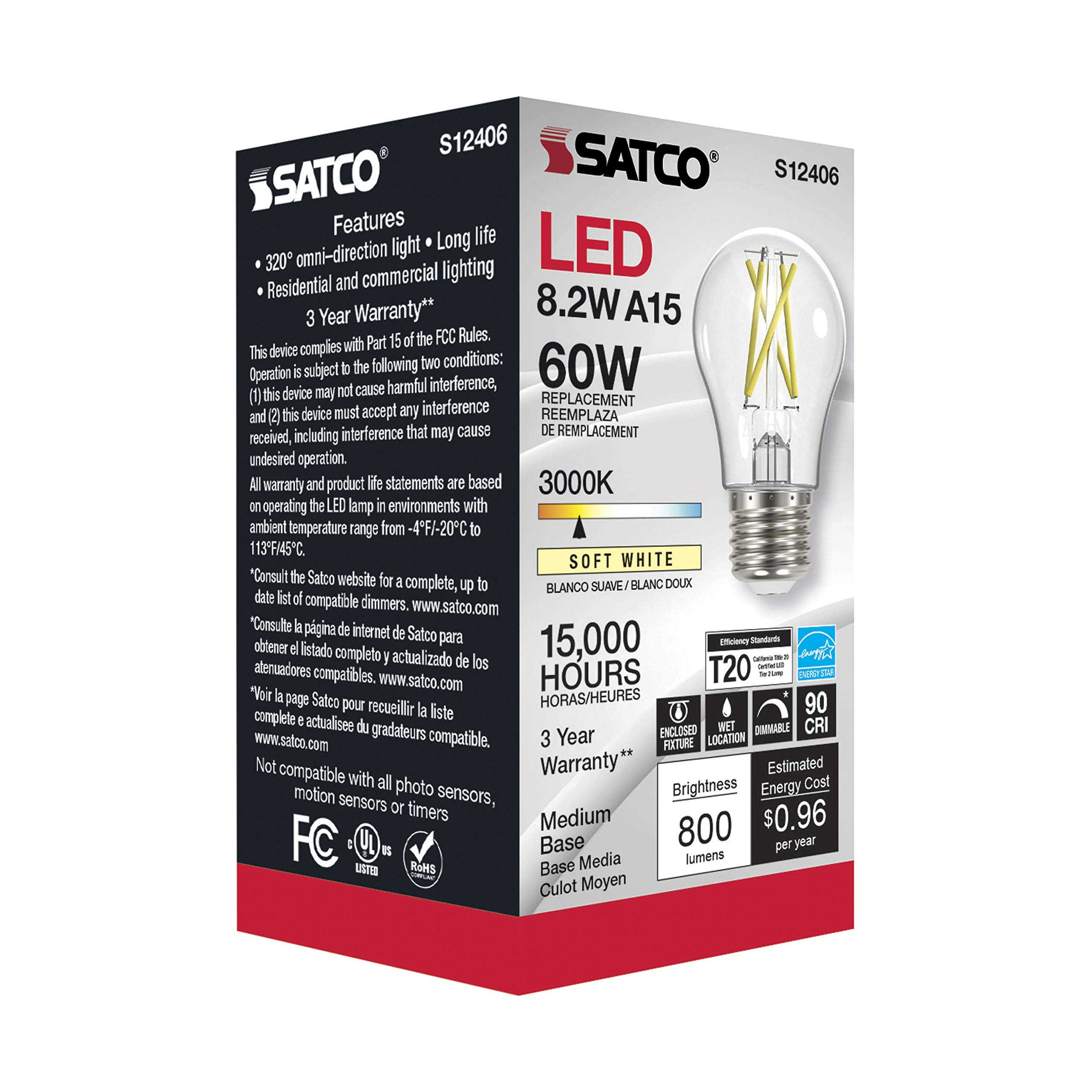 Satco Vintage Dimmable LED Filament Bulbs, 8.2W, A15, Soft White 3000K, Model S12406, 120V, 6 Pack