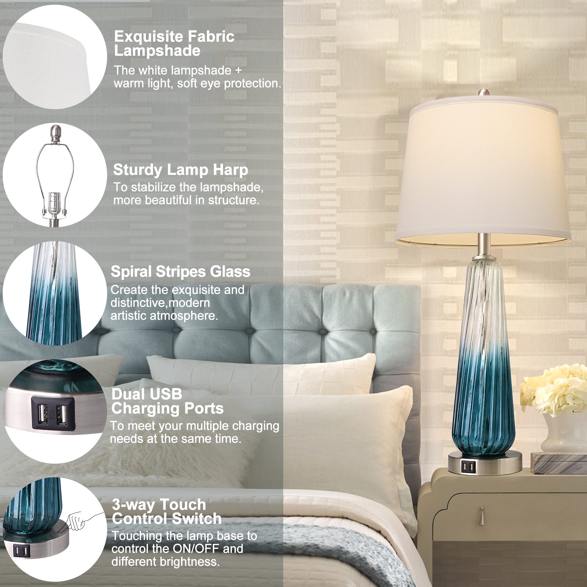 Table Lamps For Living Room With Touch Control, 3-Way Dimmable Bedside Lamps With 2 Usb Ports, Modern Glass Nightstand Lamp With
