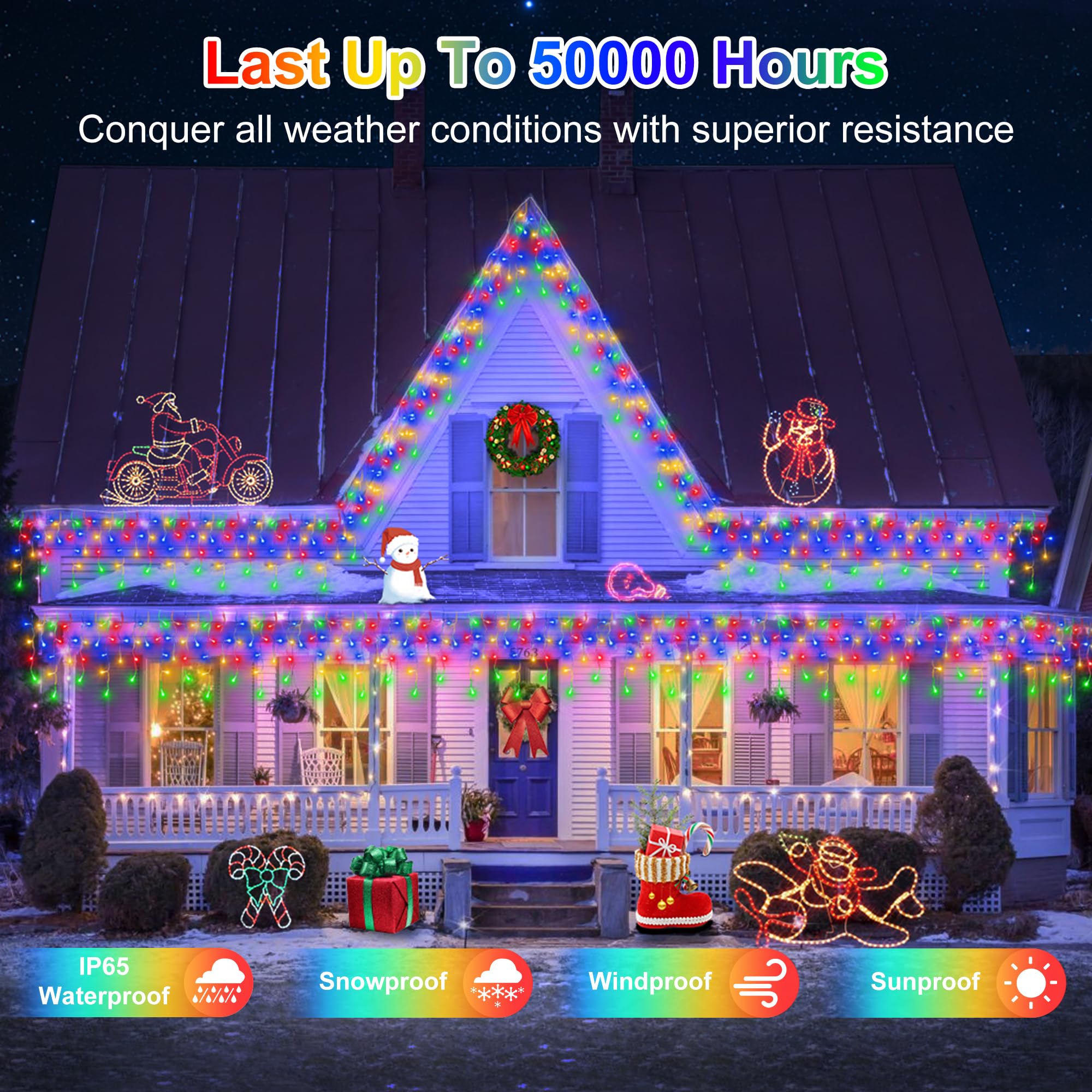 QUHUATU 1296 LED Christmas String Lights, 131ft with 288 Drops, 8 Modes, Waterproof, Multicolor