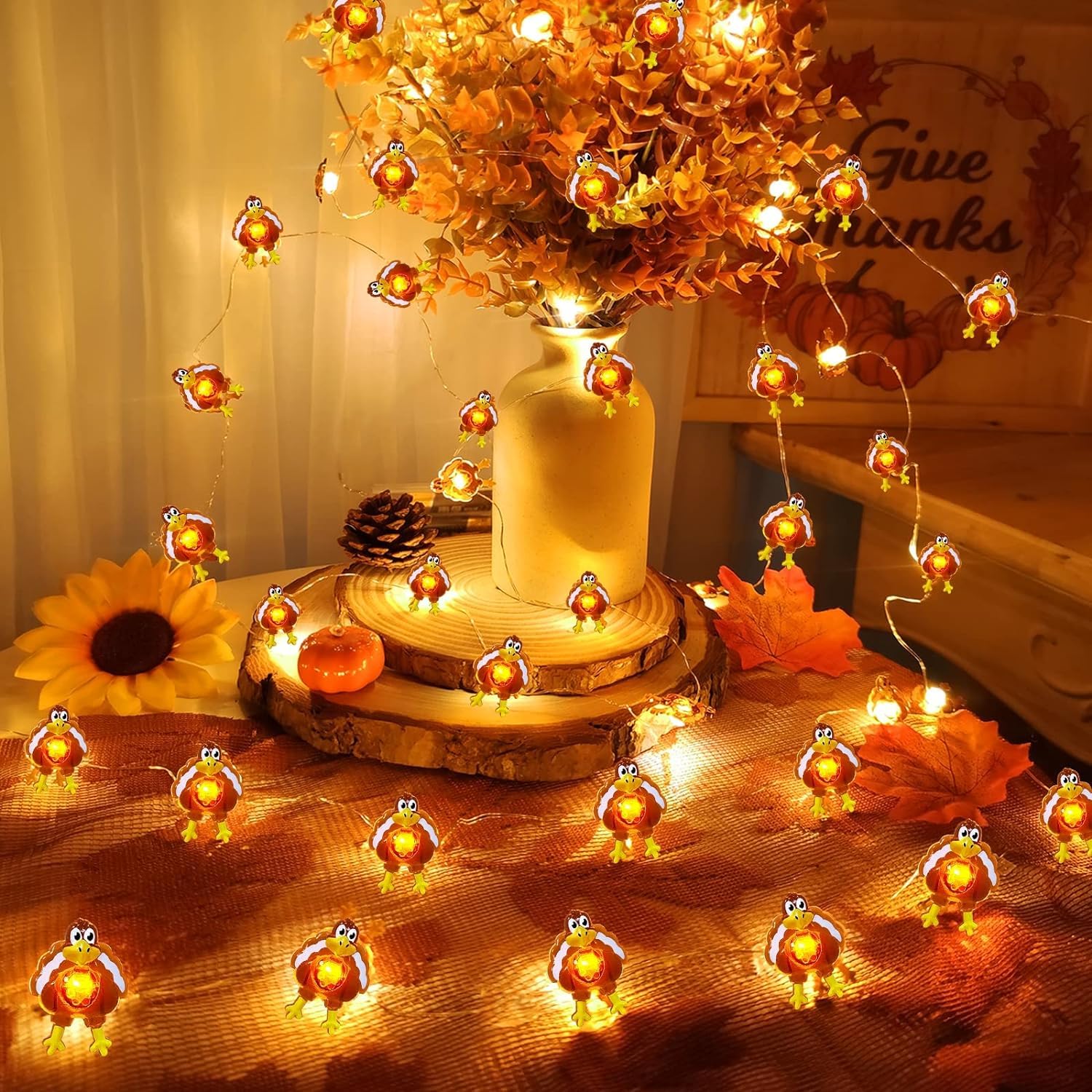 TURNMEON 10 Ft 30 LED Orange Thanksgiving Turkey Lights - Battery Operated Copper Wire Fairy String Lights for Indoor Outdoor Decor