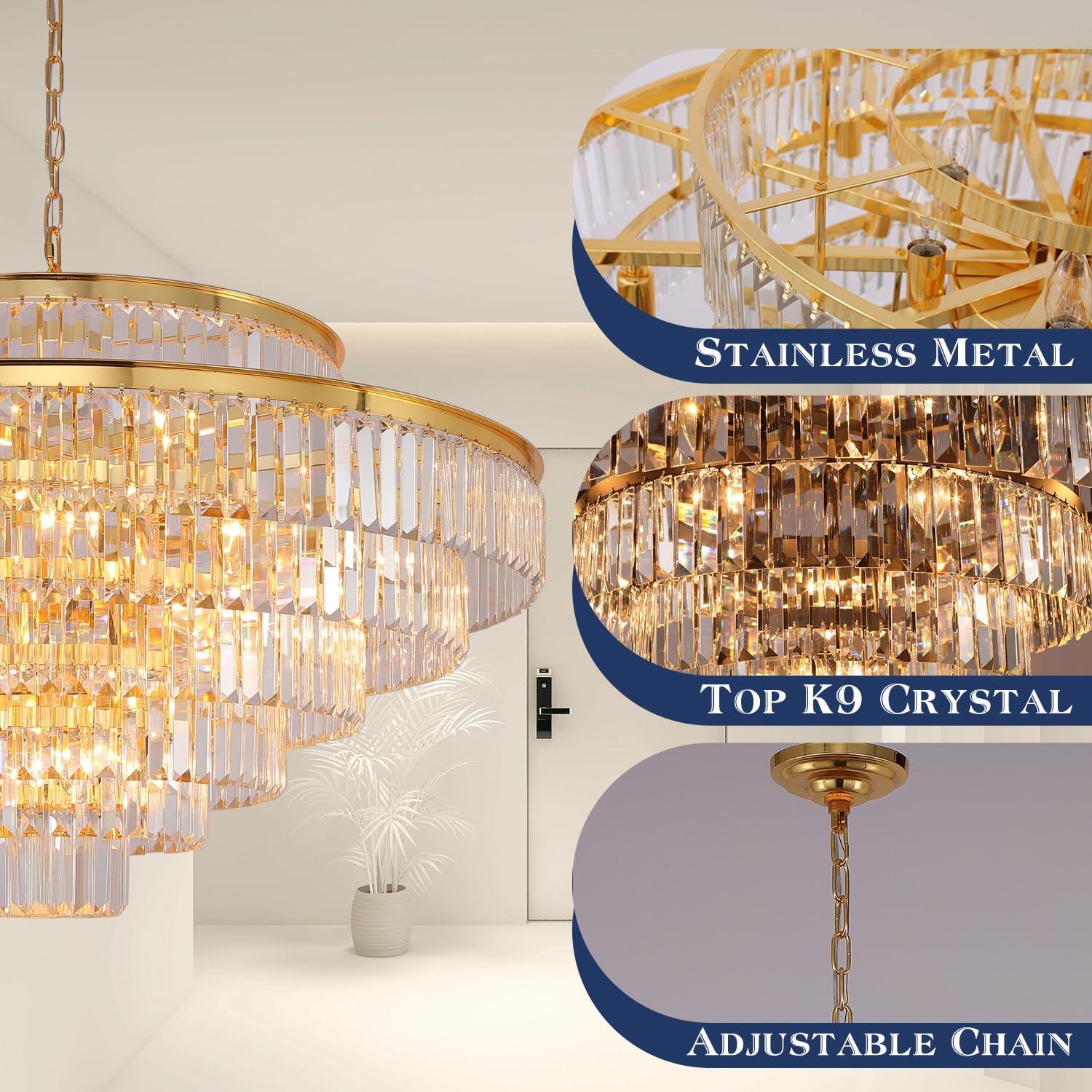 Gmlixin Large Crystal Chandeliers Gold Chandelier Luxury Pendant Ceiling Lights Fixture Hanging Raindrop Pendant Light Fixture F