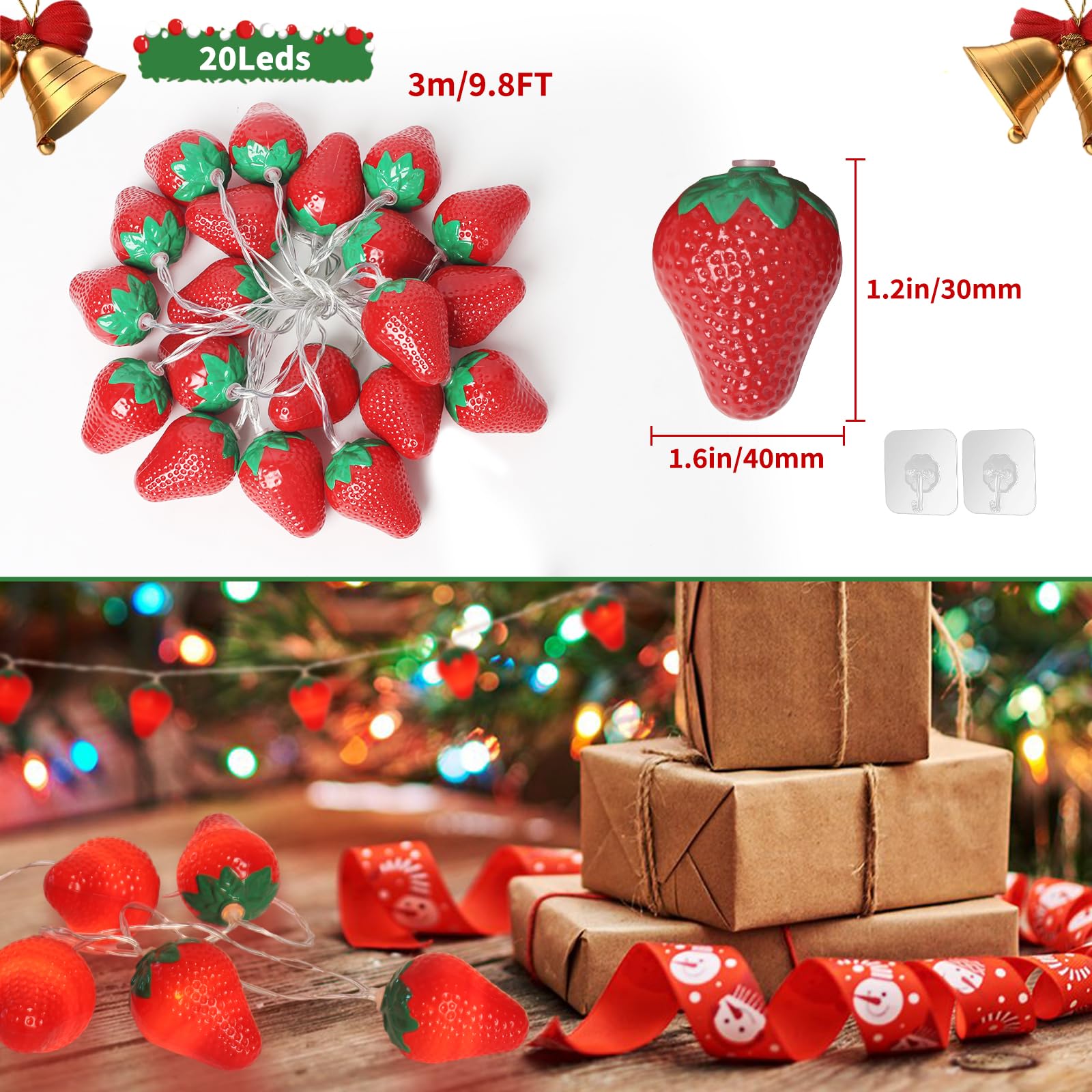 Sdoublem 3M 20Led Fruit Strawberry String Lights Battery Powered Indoor Outdoor Lighting Lamp For Wedding Home Birthday Garden Yard Patio Party Christmas Tree Cute Decorations