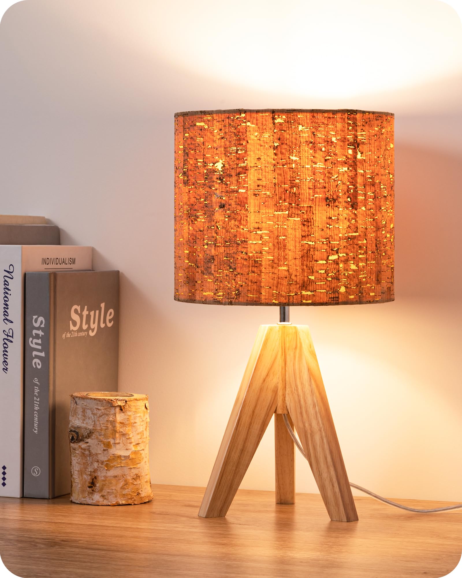 EDISHINE Small Table Lamp, Wooden Tripod Nightstand Lamp with Bark Linen Shade, Farmhouse Bedside Lamp for Nursery, Bedroom, Kid