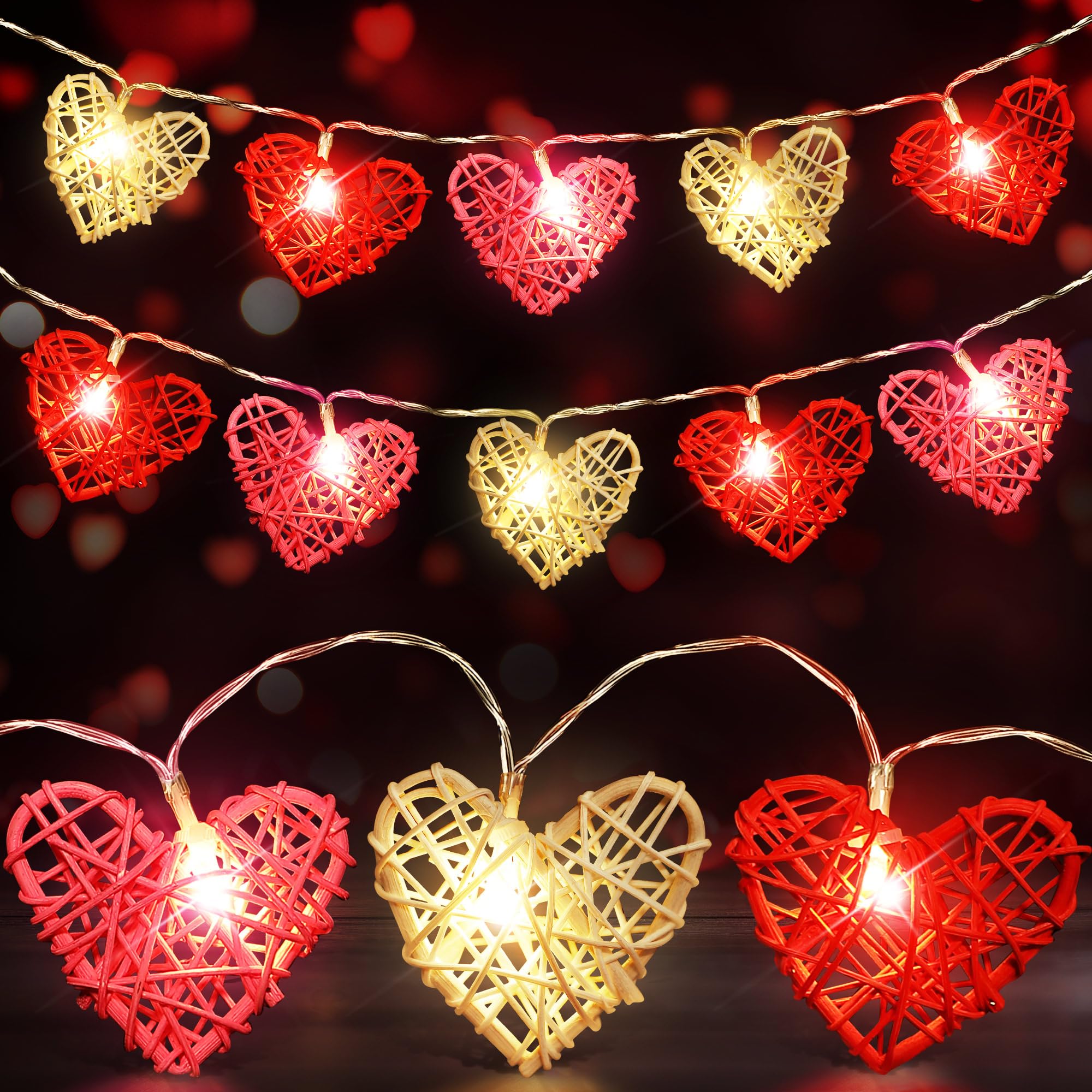 Hiboom Valentines Heart String Lights, Battery Operated Vintage Rattan Heart Shaped Lights, 16Ft 24 Led Twinkle Light For Valent