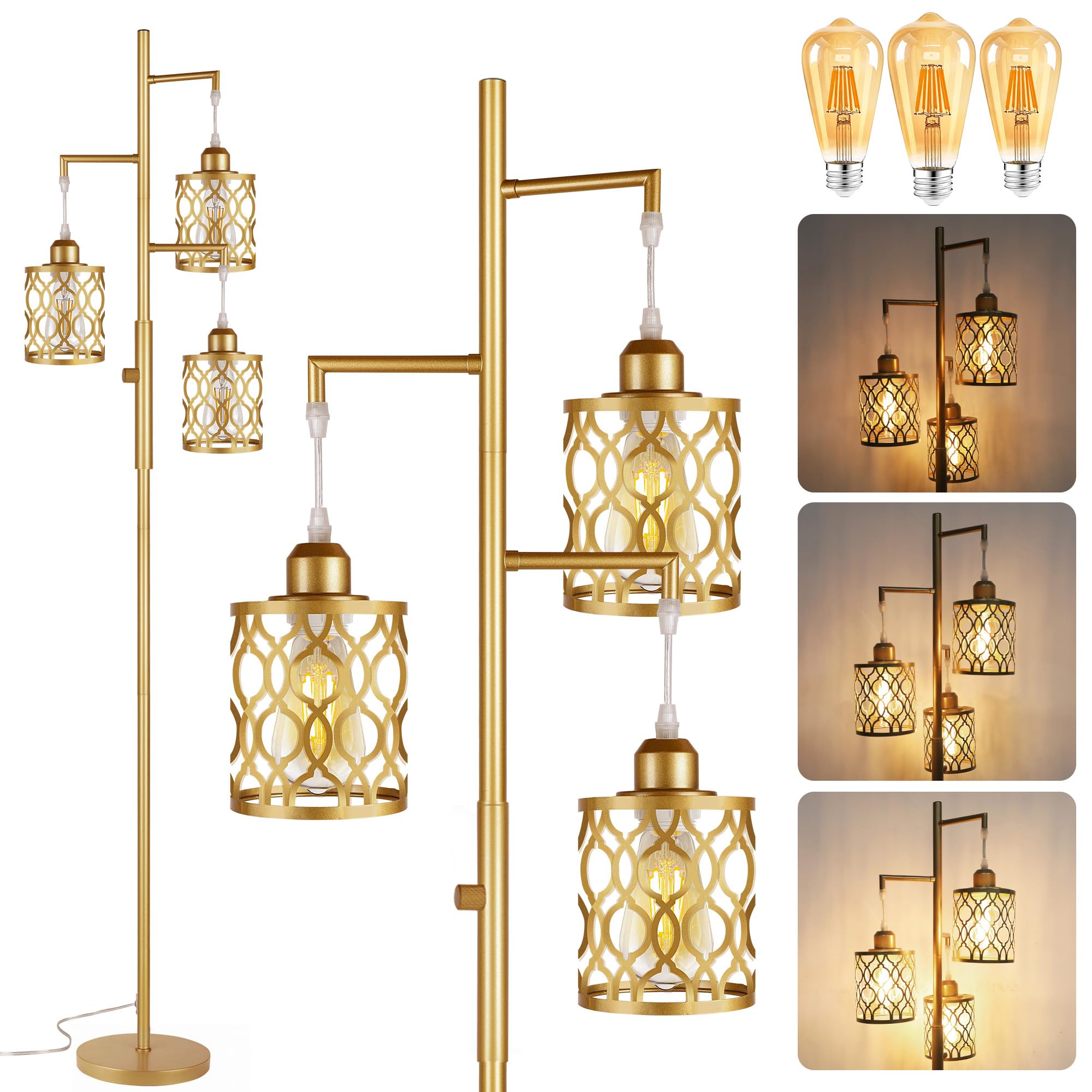 ROTTOGOON 68" Dimmable Gold Floor Lamp, 3-Light Rustic Design with Metal Shade, Includes 3x 6W E26 Bulbs, Model RODLLDD243