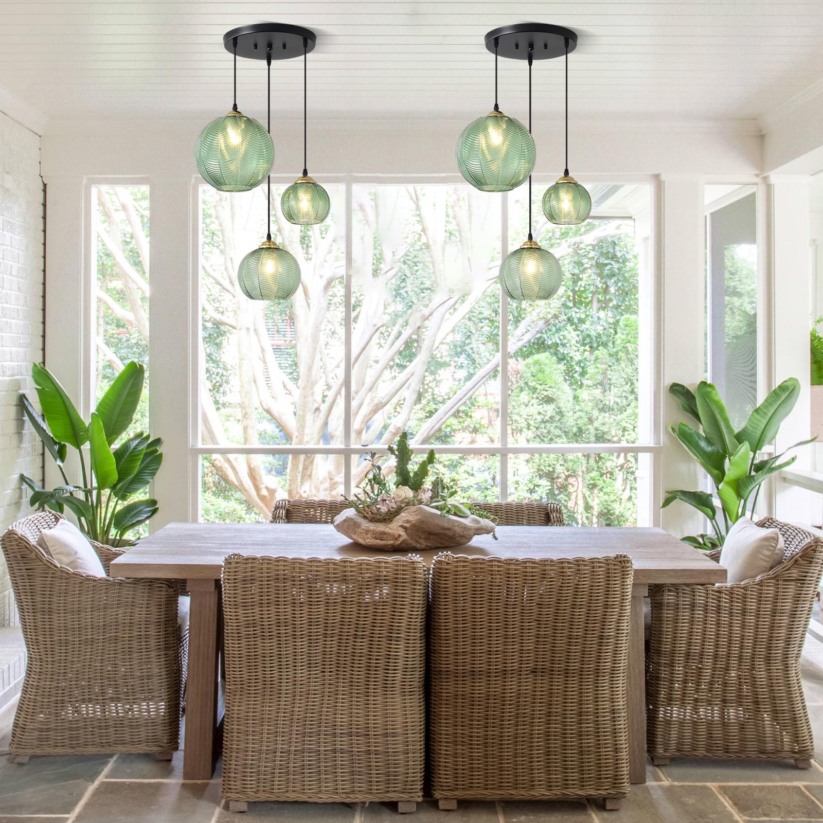 TESTOYS 3-Light Glass Globe Pendant Light - Vintage Green Ribbed Chandelier for Kitchen Island, Dining Room, Model NGDD-3-HL