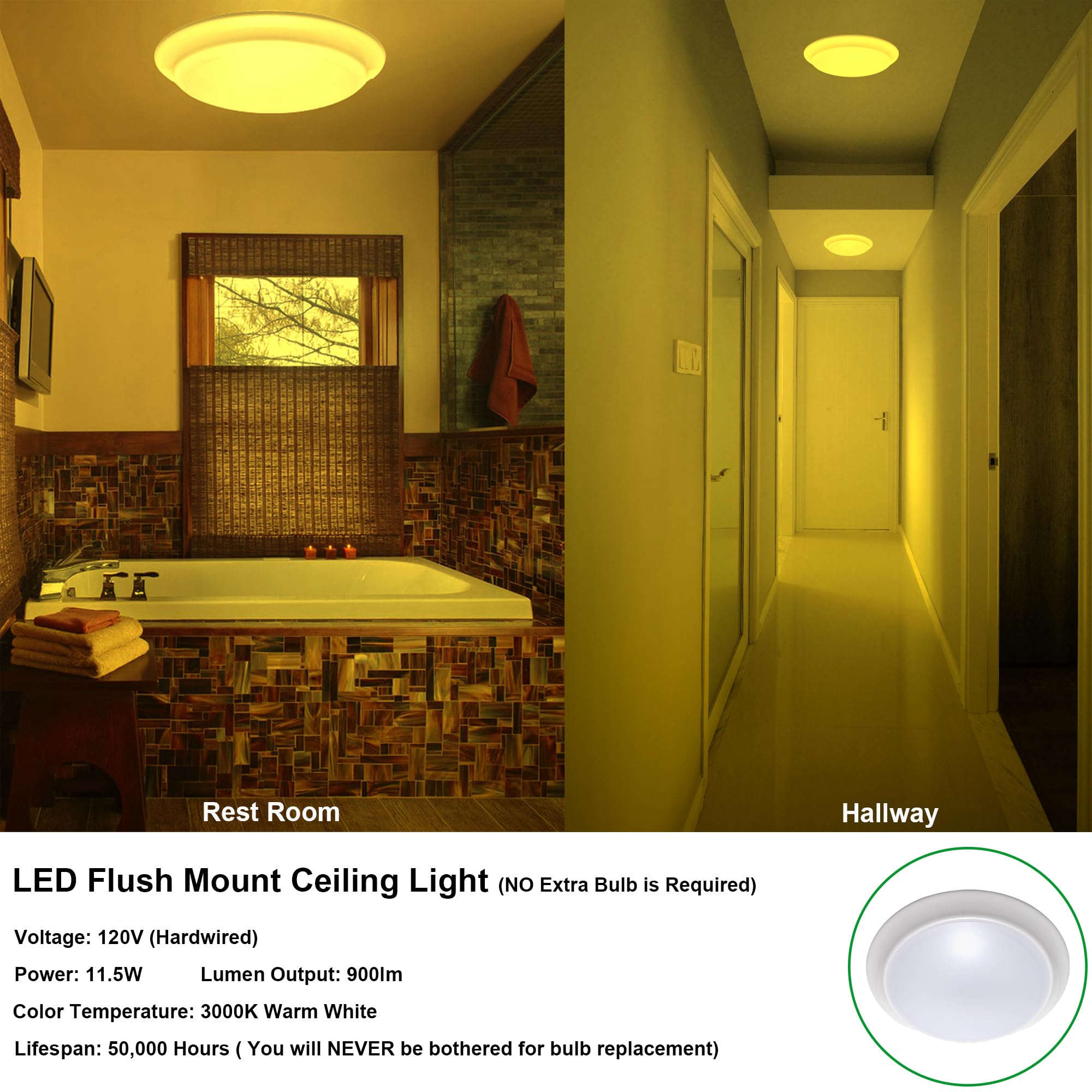 LIT-PaTH LED Flush Mount Ceiling Light, Dimmable 11.5W 900 Lumen, Aluminum, 3000K, 7 Inch, 1-Pack, Damp Location