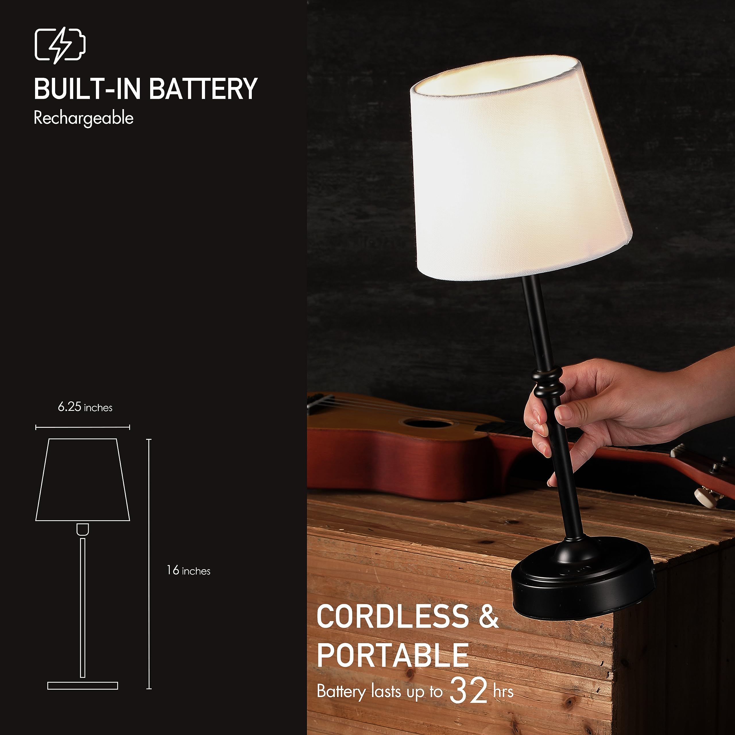 O'Bright Cordless LED Table Lamp - 3-Level Brightness, Rechargeable, Black, Model OB-TL19B, Perfect for Patio and Bedroom
