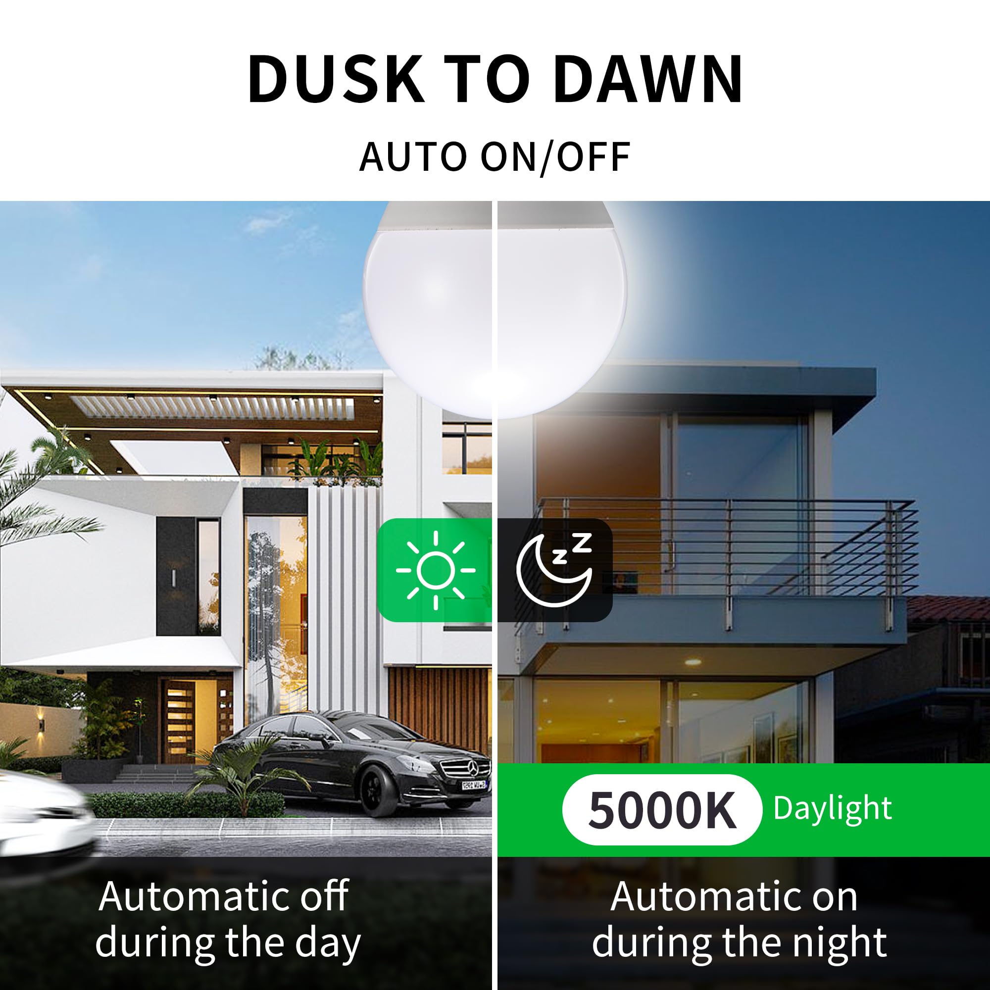 Qualilux A15 Dusk to Dawn LED Bulbs, 5W=40W, Daylight 5000K, Auto On/Off, E26 Base, 4-Pack, Aluminum