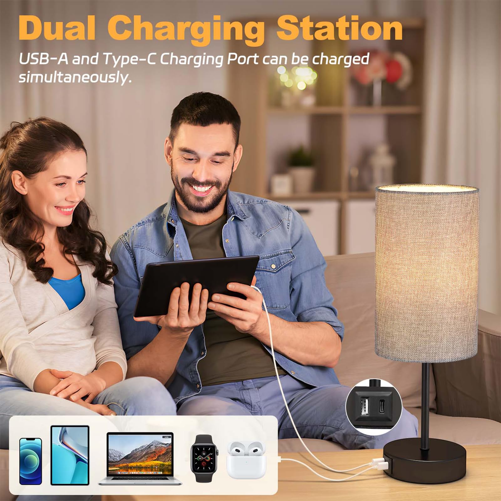 Akasuki Table Lamp For Bedroom, 3 Way Dimmable Touch Lamp With Dual Charging Station, Small Bedside Lamps For Night Stands, Livi