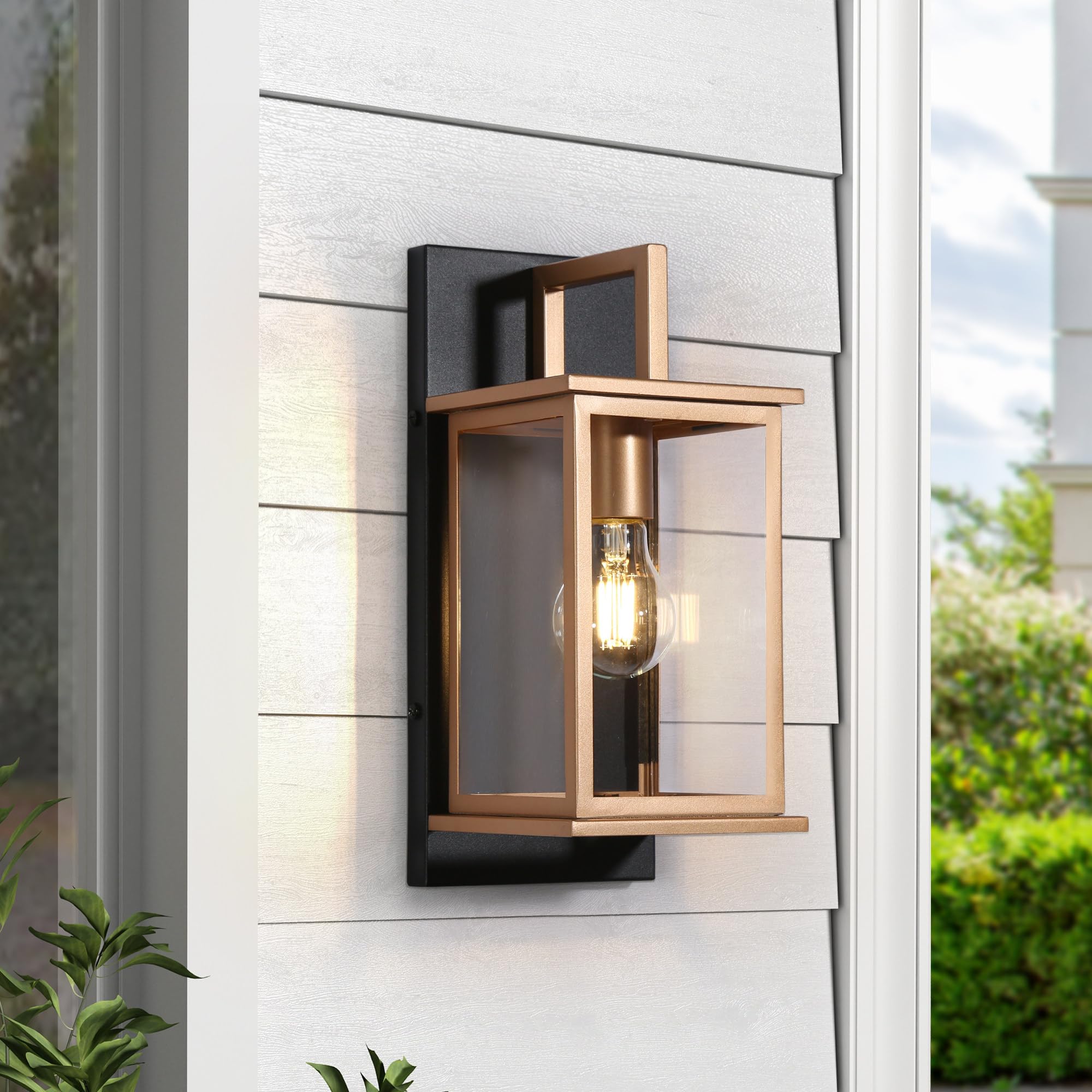 Gepow Black And Gold Outdoor Wall Lights, Modern Waterproof Sconce With Clear Glass Shade