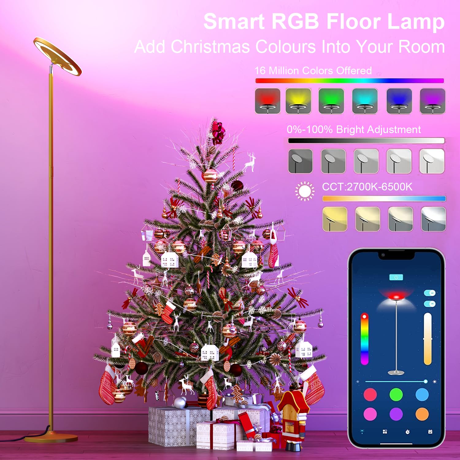Keepsmile Gold Double Side Lighting Led Floor Lamp With Remote Smart App 36W 2600Lm Bright Tall Standing Rgb Floor Lamp Angle Mu